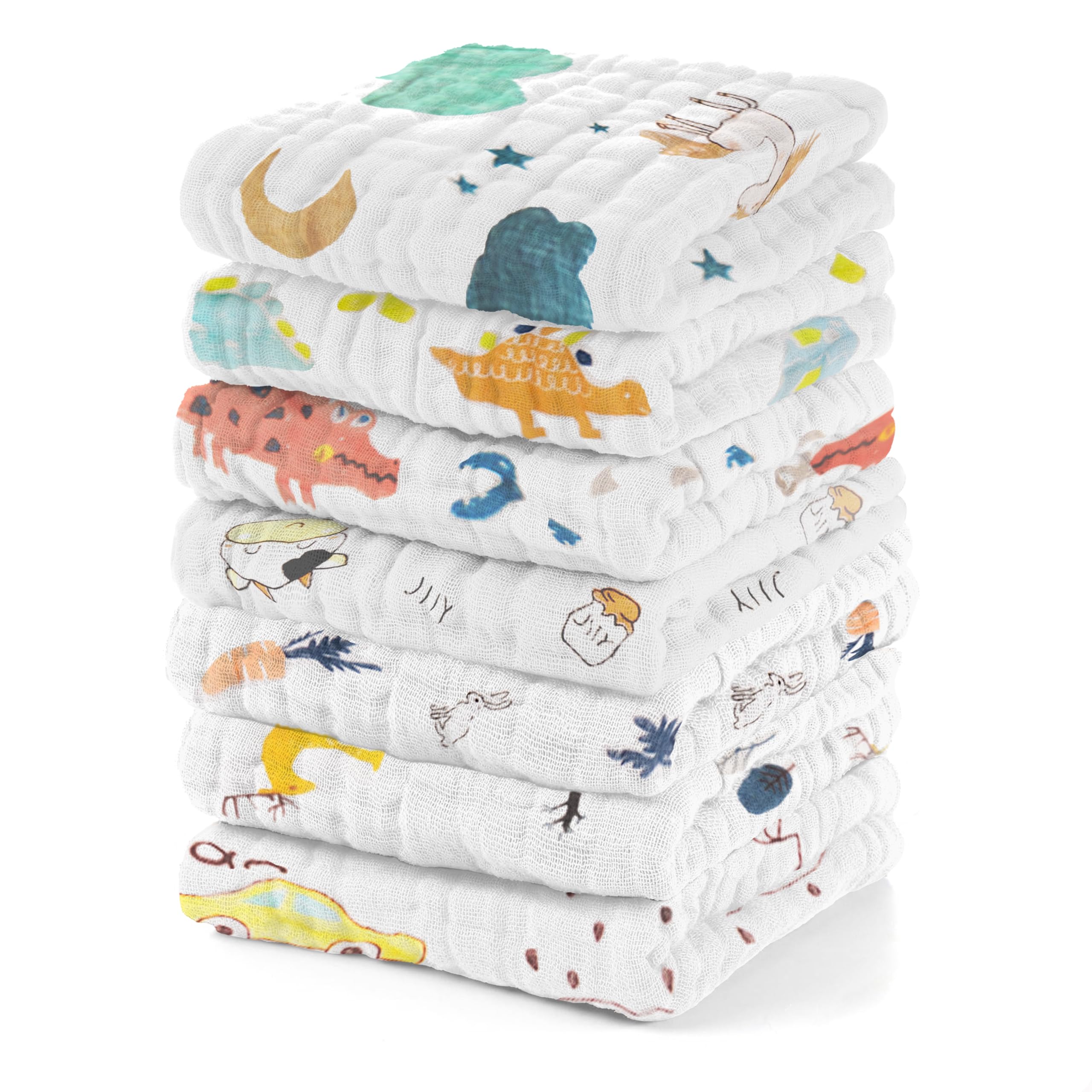EMSAAG Muslin Animal Pattern Baby Washcloths Pack of 7 - Absorbent Baby Bath and Face Towels, 100% Cotton Baby Wipes, Burp Cloths, Feeding Towels for Babies and Infants - 10 x 10’ (Animal Pattern)-image-11