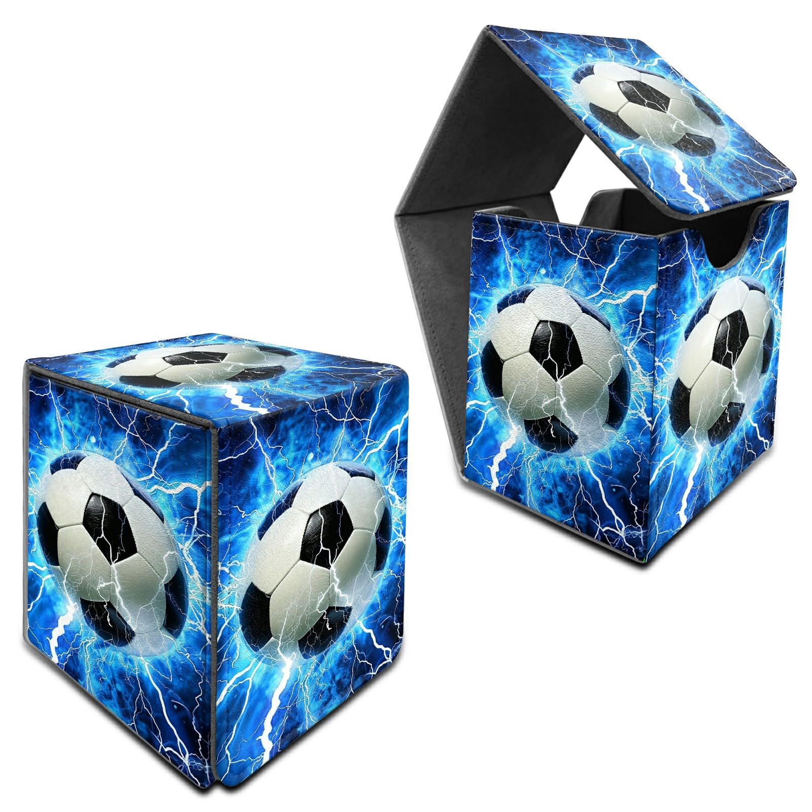 RWUTYTIUL for MTG Commander Deck Box, Card Storage Box Fits 100+ Sleeved Cards, PU Leather Large Size Strong Magnet Card Deck Case Holder for Board Game Magic MTG TCG CCG, Blue Flame Football