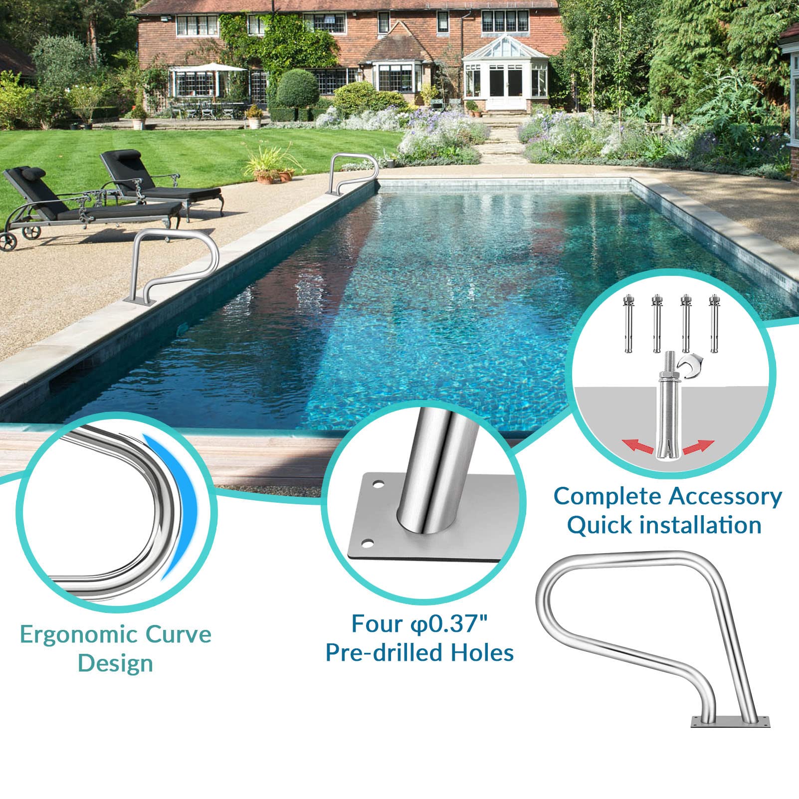 Rampes de Piscine en Acier Inoxydable 304, rampes d'escalier pour Spa avec Base à Montage Rapide, rampes de sécurité pour piscines de Jardin et d'arrière-Cour