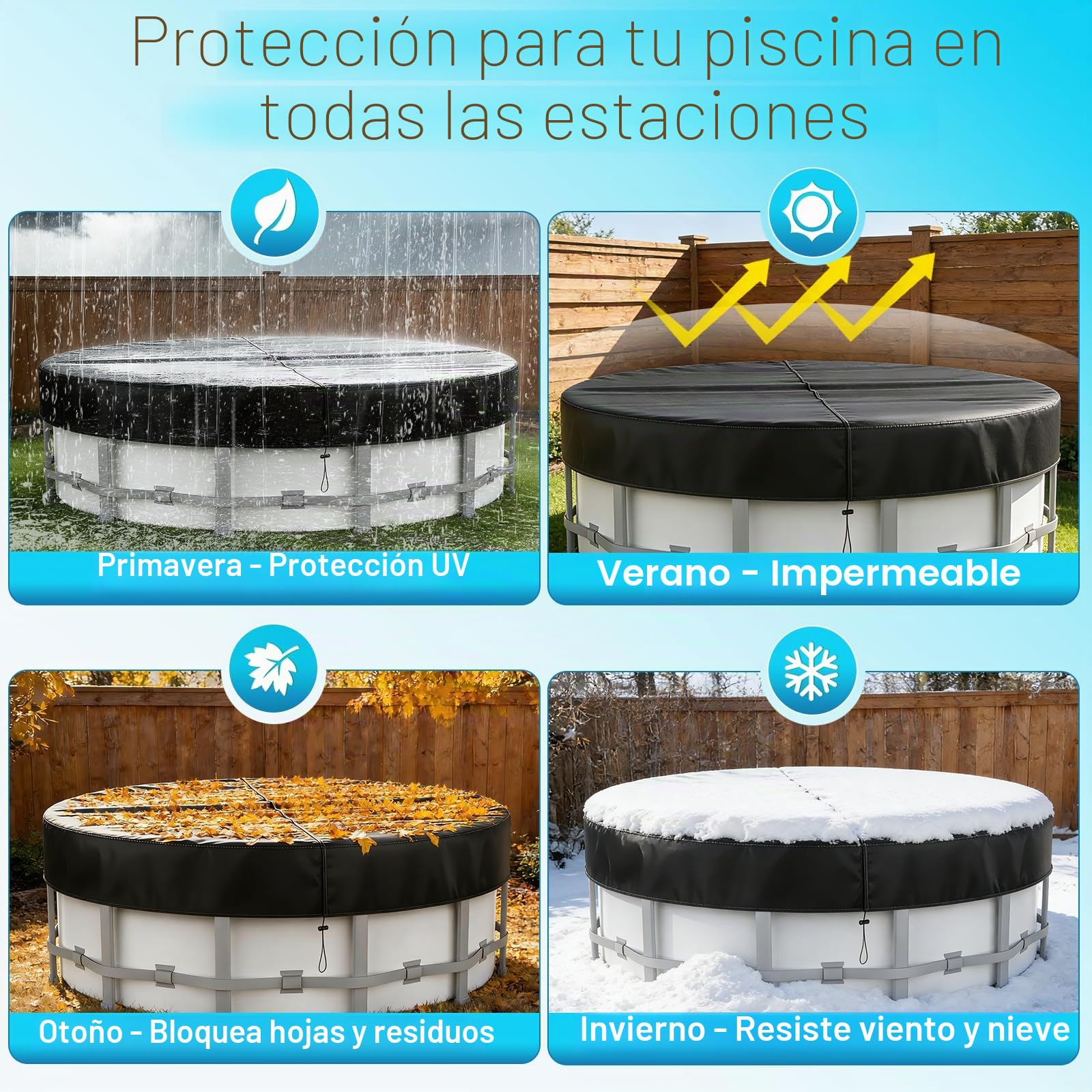 Cubierta para Piscina Redonda Ø365, para Piscinas Ø320-363 cm, Lona para Piscina con Cordón y Estacas, Oxford Lona Piscina con Protección UV, Hermética al Polvo, para Piscinas Elevadas y Trampolines