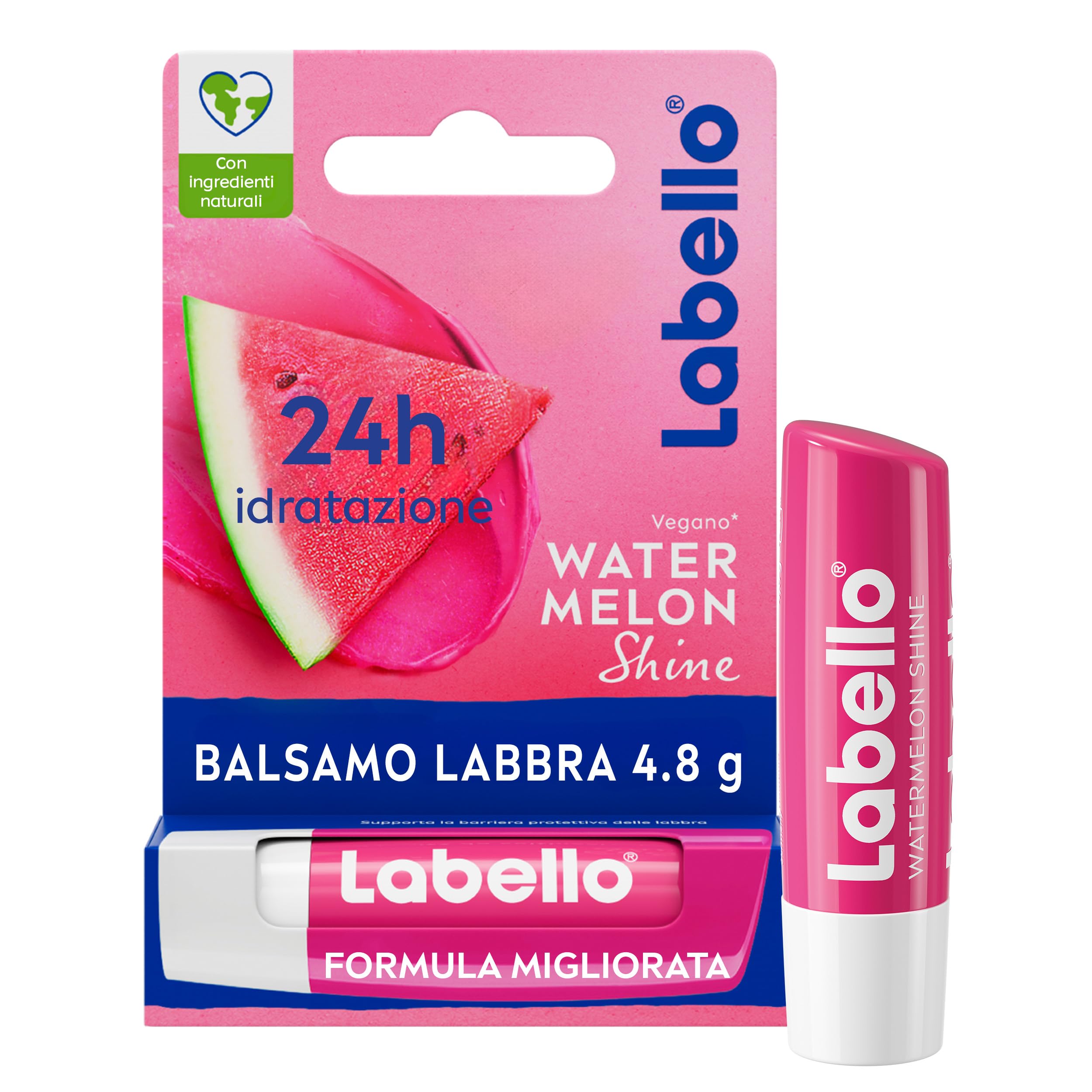 Labello Watermelon Shine Burrocacao labbra 4.8 g, Balsamo labbra colorato e nutriente all'aroma di Anguria con pigmenti scintillanti, Lip balm idratante per 24 ore con ingredienti di origine naturale