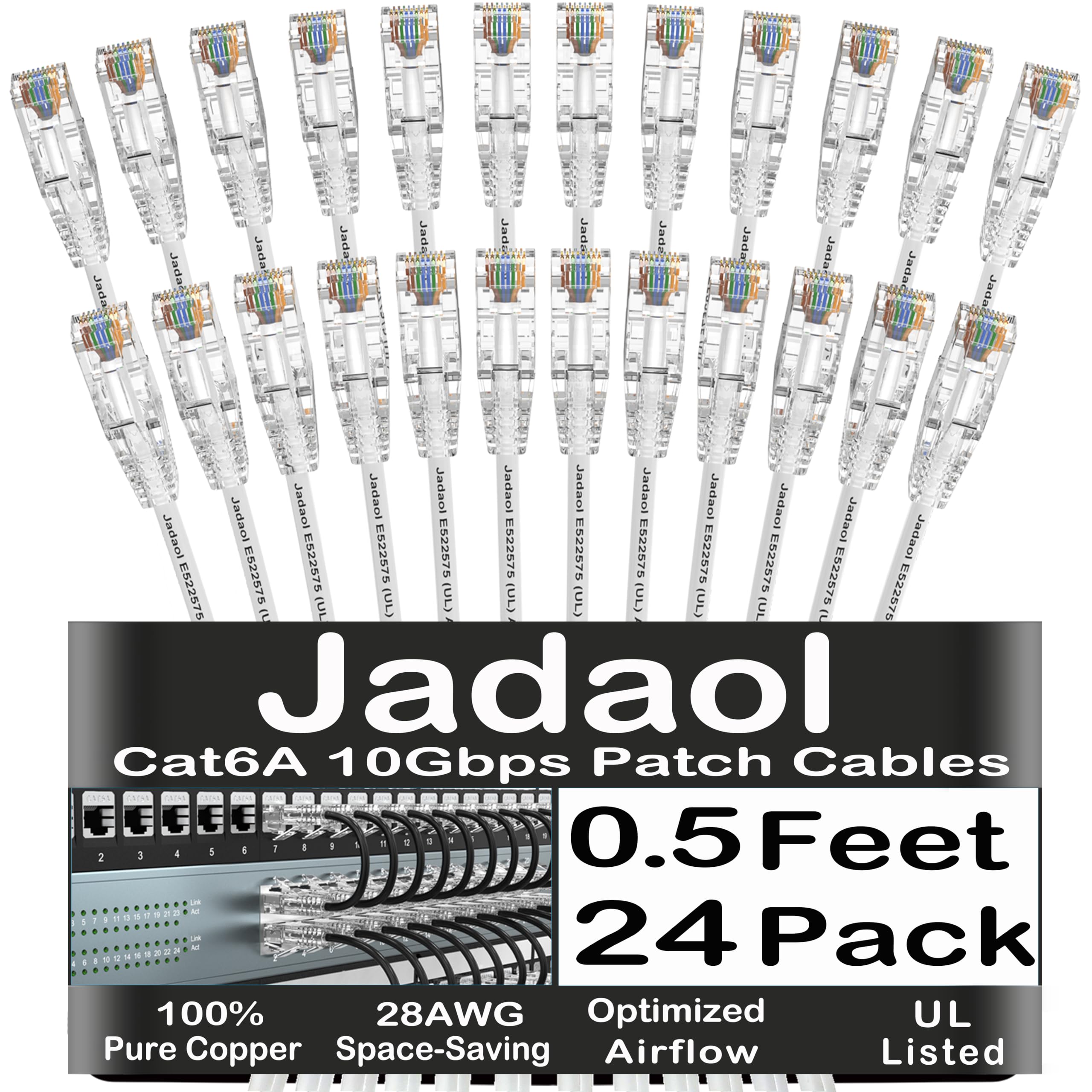 Jadaol Cavi patch Cat6A da 0,3 m, confezione da 24 pezzi, supporto per rete Cat8 Cat7 da 10 Gbps, cavo patch Ethernet antigroviglio per connessioni corte, cavo Ethernet sottile flessibile per pannello