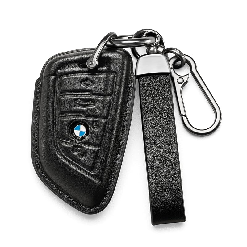 Capa para chave BMW em couro com chaveiro e cordão, preta, compatível com 230i, 330i, 430i, 530i, 740i, X1, X3, X5 e modelos M