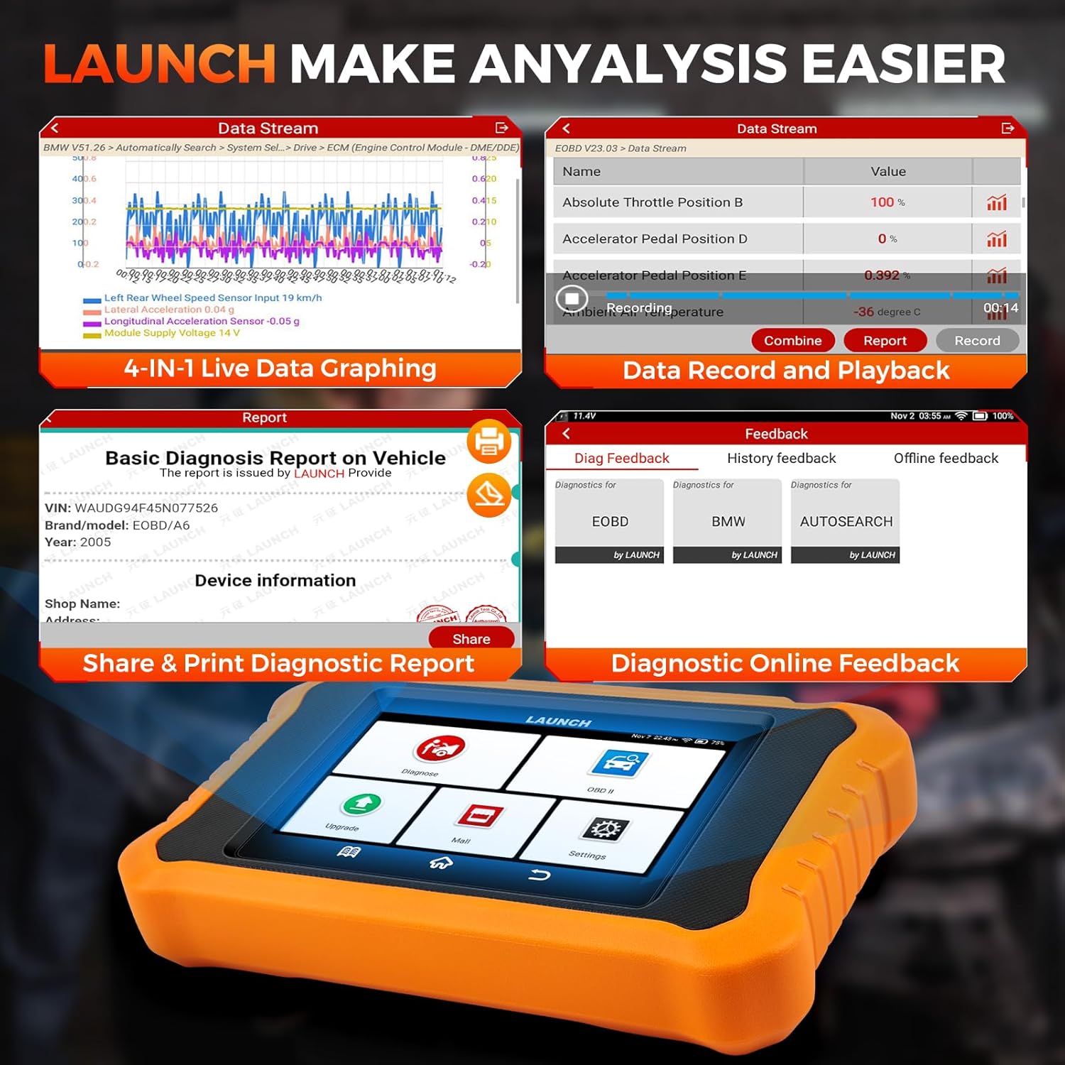 Screenshots demonstrating 4-in-1 live data graphing, data record and playback, and the ability to share and print diagnostic reports from the LAUNCH Creader Elite V2.0.