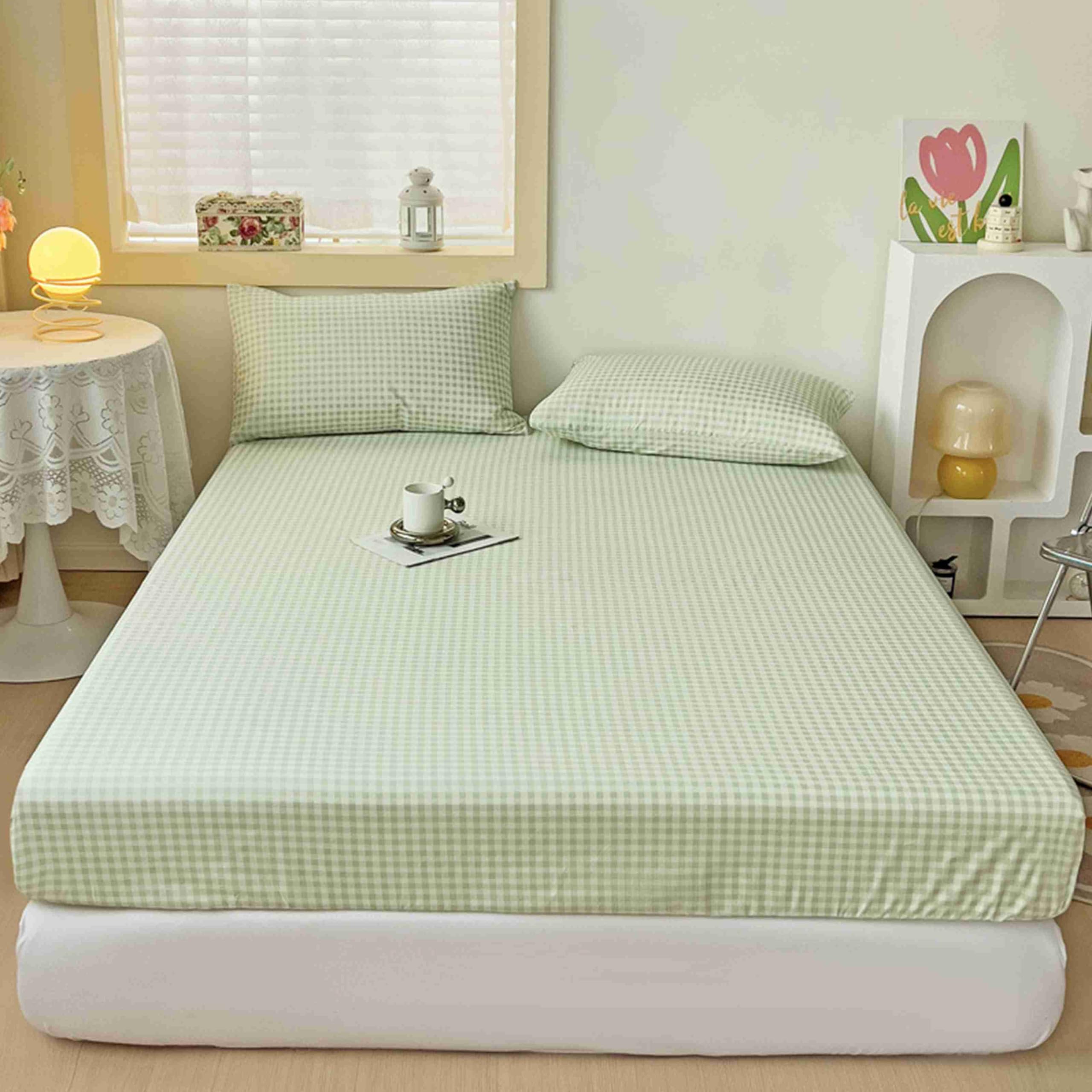 DOTBUY-SHOP Lenzuolo con Angoli Una Piazza e Mezza, Reticolo Morbida Microfibra Coprimaterasso Matrimoniale, Tinta Unita Letto Singolo Doppio Sovrapposizioni di Toppers (Menta,90x200cm