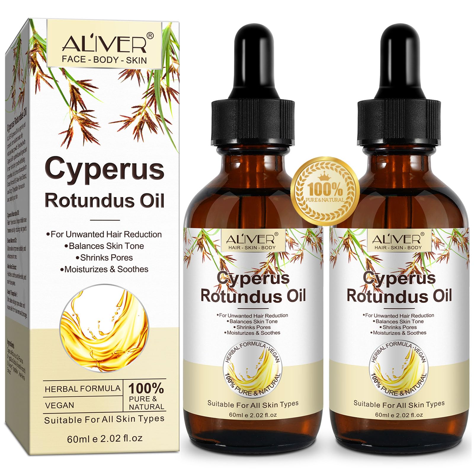 Cyperus Rotundus Oil for Hair Removal, 2PCS 100% Pure Natural Body and Facial Hair Removal for Women, Reduces Unwanted Hair Growth After Shave, Shrink Pores, Hydrates, Soothes and Repairs Skin