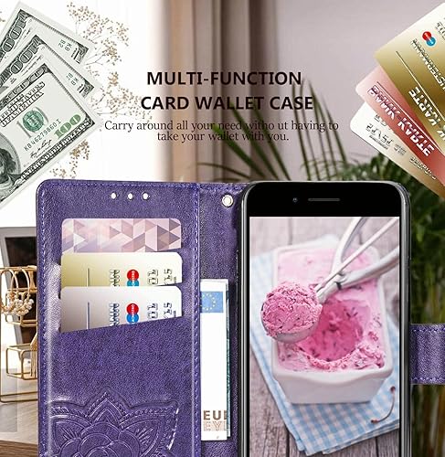 Miniatura 3 de Funda diseñada para iPhone 8 PlusiPhone 7 Plus, funda de piel sintética con soporte en relieve de mariposa, ranuras para tarjetas, correa de muñeca