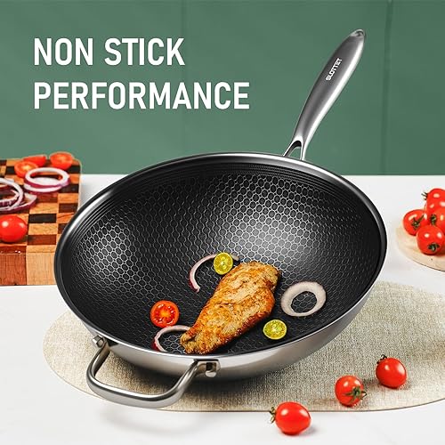 Miniatura 2 de Wok híbrido de 12 pulgadas con tapa, woks antiadherentes de acero inoxidable y sartenes para freír, mango que se mantiene fresco, utensilios de