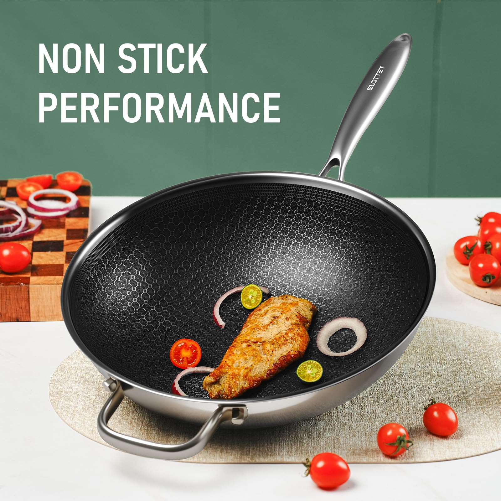 SLOTTET Hybrid 12-Inch Wok with Steamer,Nonstick Stainless Steel Woks & Stir-fry pans with Lid,Stay-Cool Handle,PFOA Free Cookware,Dishwasher and Oven Safe, Works on Induction