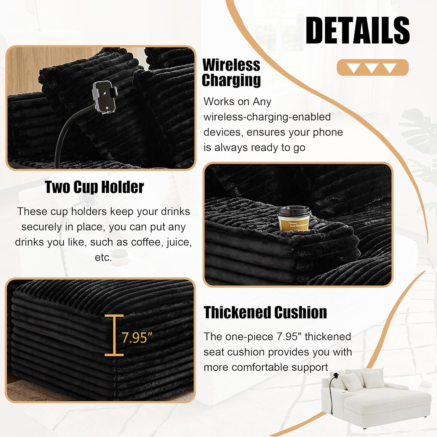 Oversized Chaise Lounge Chair, Extra Thick Fluffy Upholstered Cloud Loveseat Sofa Bed, Large Deep Seat Couch with Wireless Charging and Cup Holder for Living Room, Office (Black)