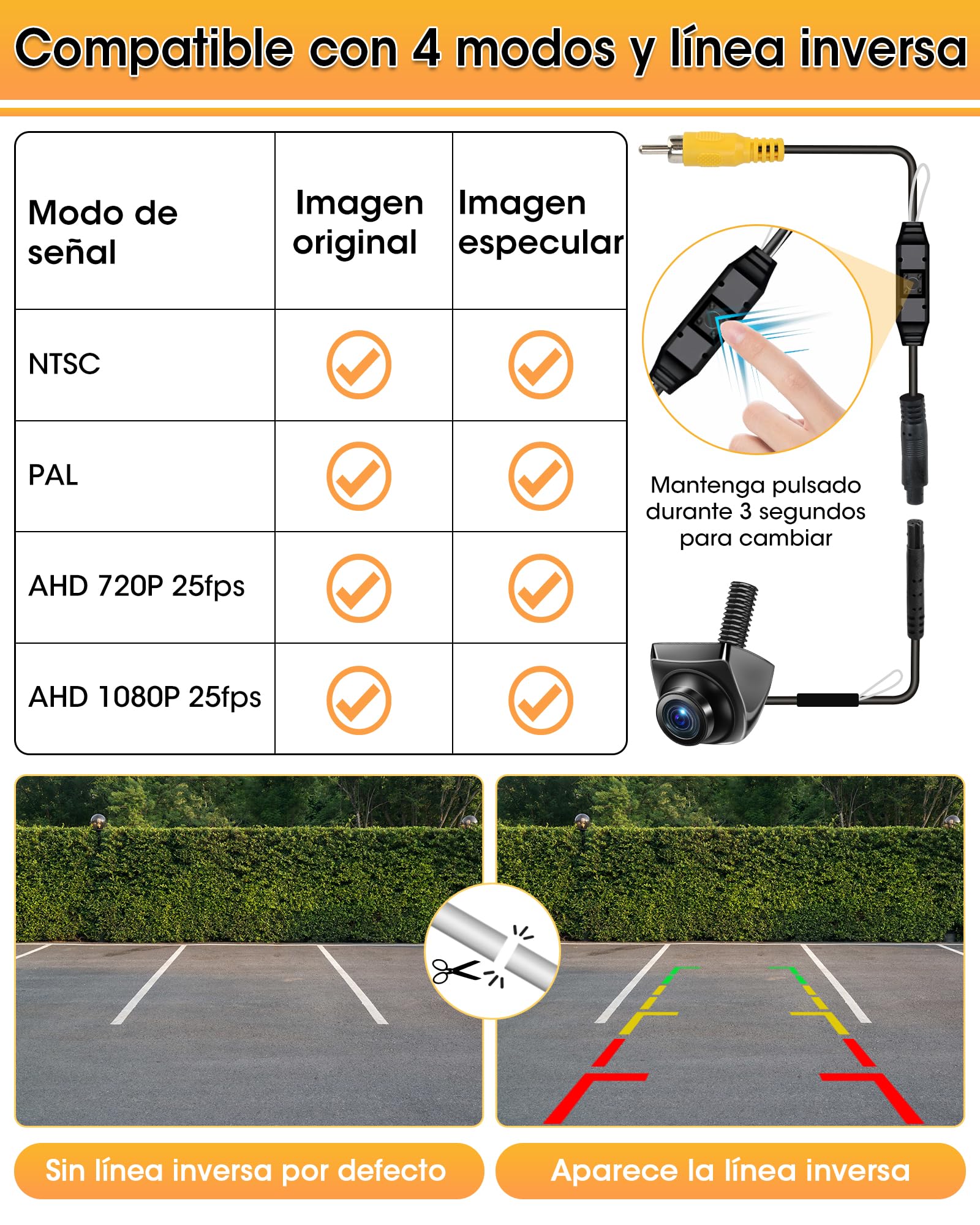 【4 Modos de Señal】 Cámara Marcha Atras Coche 360°+45° Giratorio Soporta Modelos AHD 1080P/720P/NTSC/PAL Cámara Trasera para Coche Camión Super Visión Nocturna 170° Gran Angular