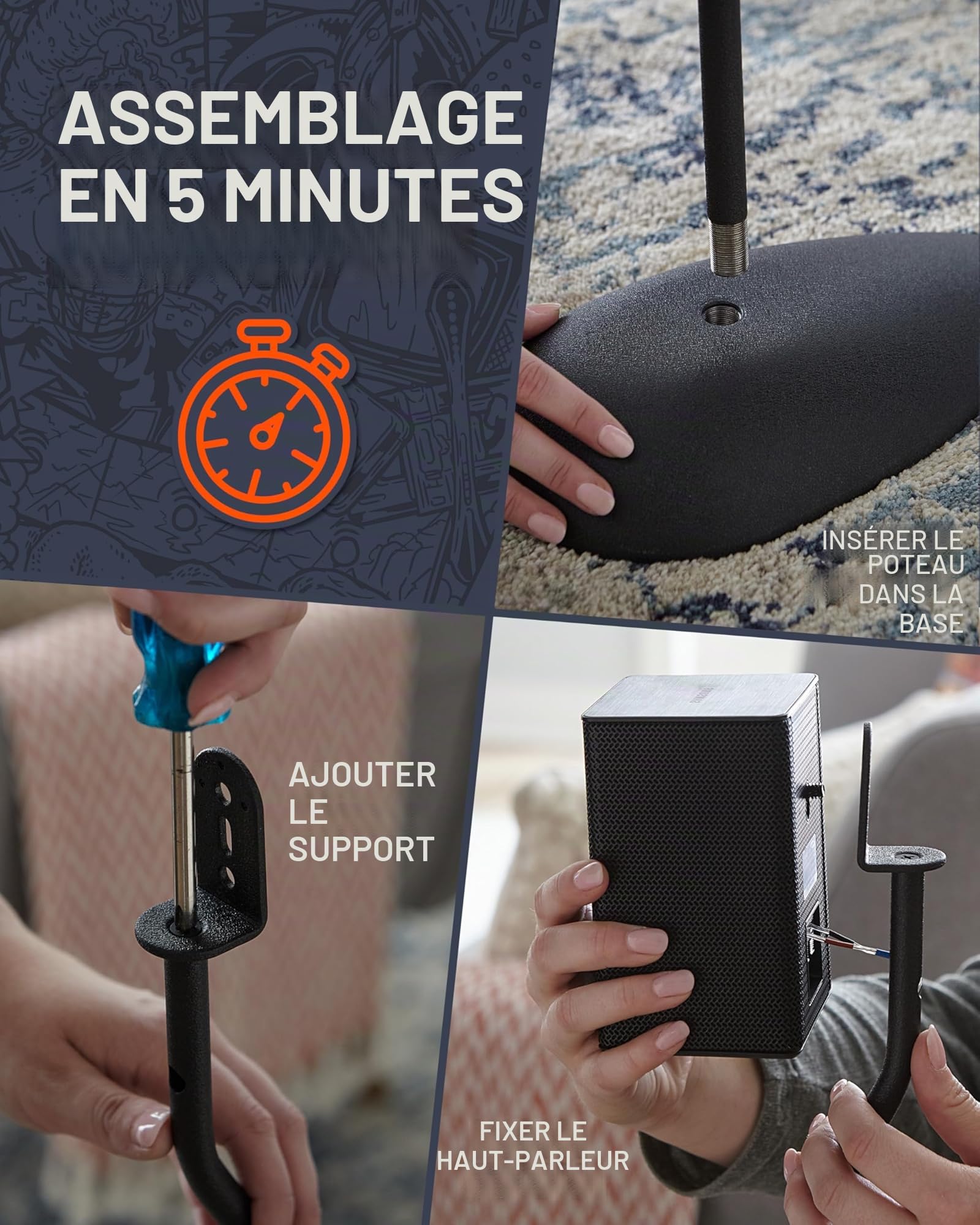 ECHOGEAR Supports de Haut-parleurs réglables en Hauteur – Compatibilité Universelle avec Les Haut-parleurs Satellite – Design en Acier Massif avec Gestion des câbles intégrés et Pointes de Moquette