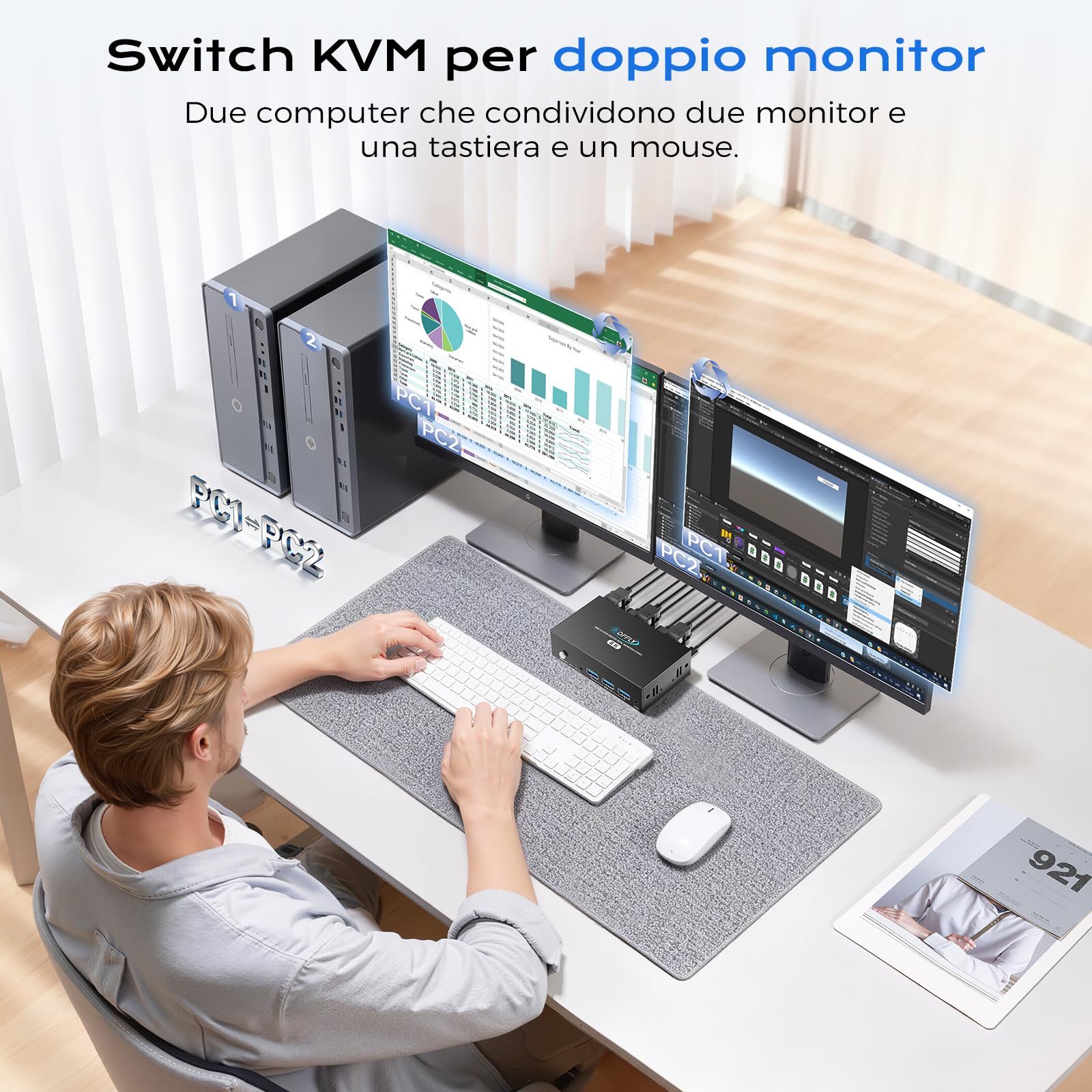 Switch KVM HDMI 2 Monitor 2 Computer 8K 60Hz, Supporta emulatore EDID, 4K 120Hz USB 3.0 Dual Monitor KVM Switch per 2 computer Condividi 2 Monitor e 4 dispositivi USB 3.0, KVM con telecomando cablato