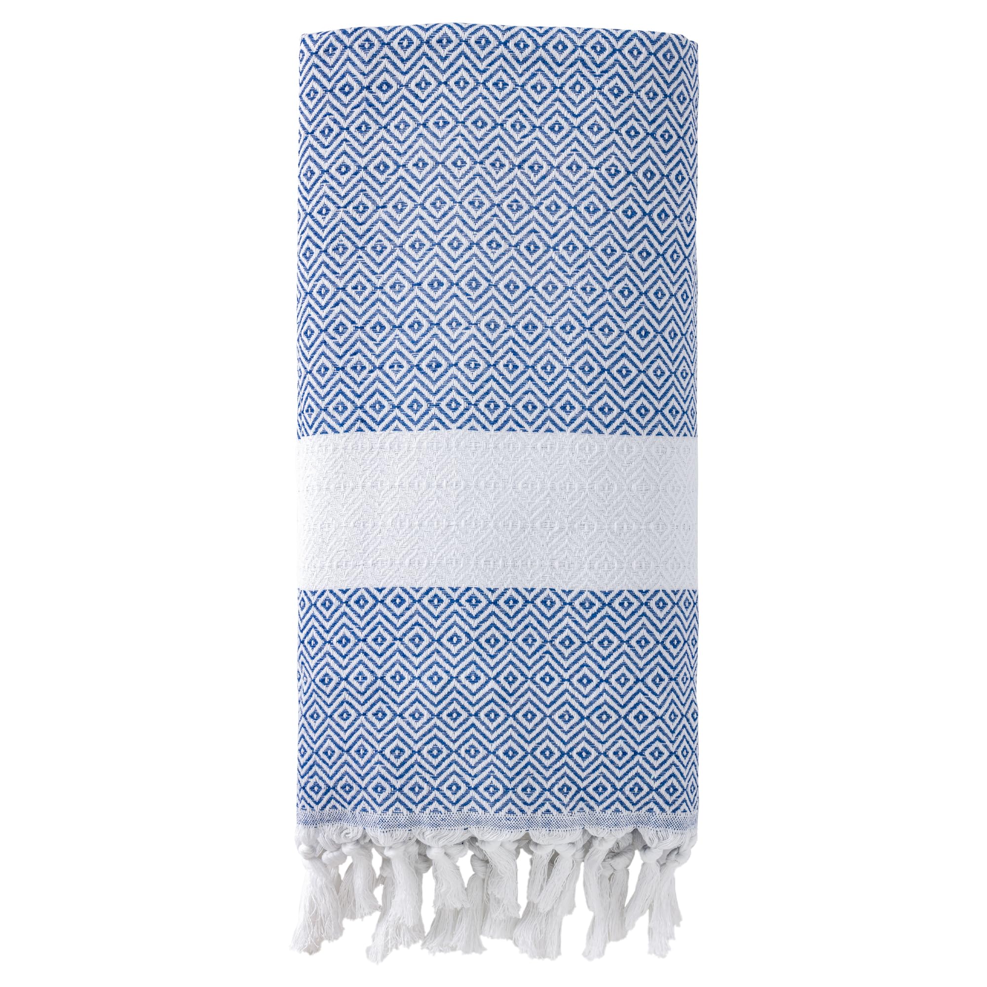 HMETOL 1 Pack Turkish Beach Towel, Geometric Design with Tassel, Sandproof, Quick Dry, Versatile As Yoga Mat, Picnic Blanket, Travel Blanket Blue 180 x 100cm