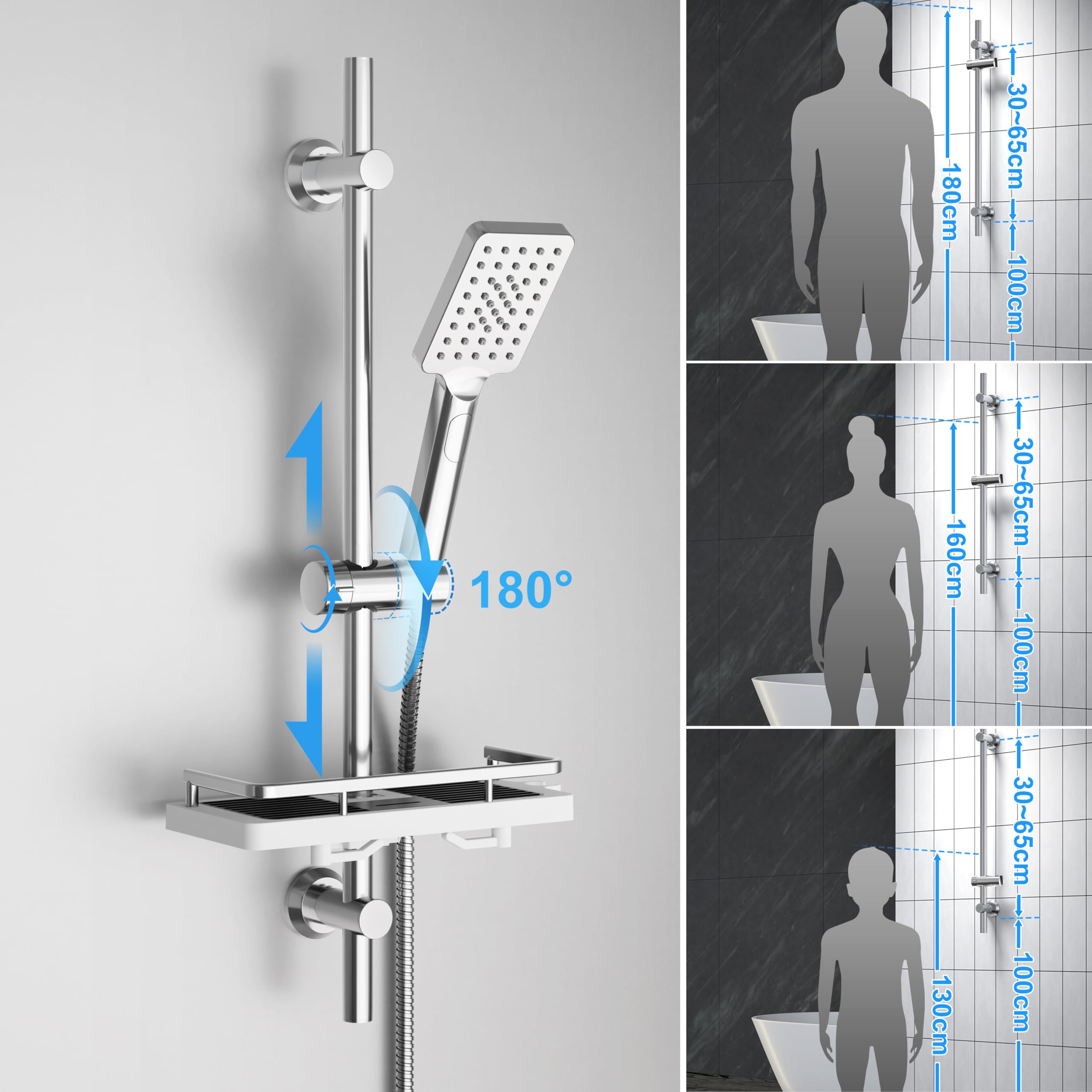 Görbach Colonna Doccia con Porta Ogetti Mensola Acciaio Inox Asta Doccia 70cm, Set Asta Doccia Saliscendi con Supporto Soffione Regolabile Cromo