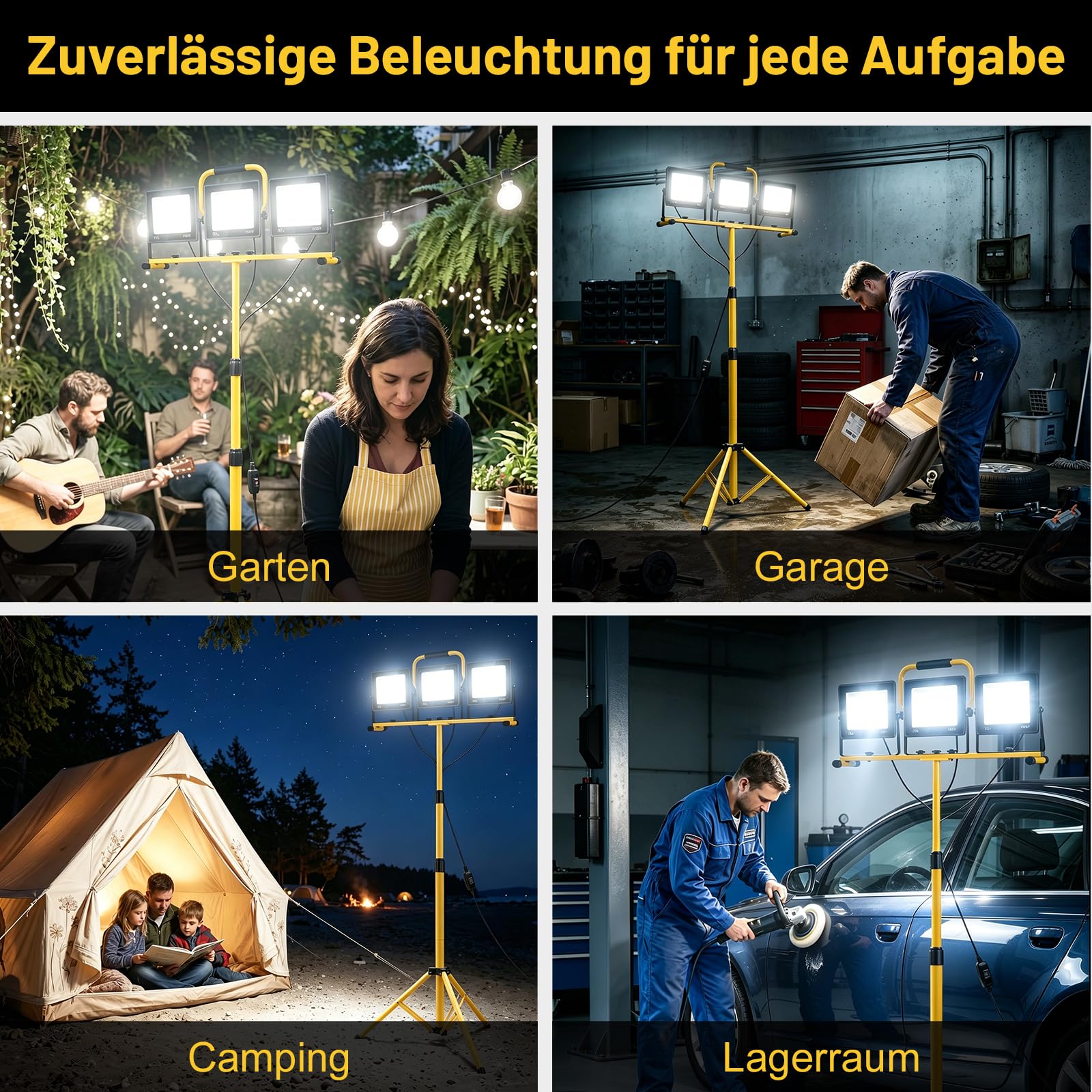 Yofuly 3x 100W LED Baustrahler mit Stativ, 23.000 LM LED Strahler Baustellenlampe, 160cm Höhenverstellbar, IP66 Wasserdicht, 5 M Kabel, LED Flutlicht für Baustelle, Werkstatt, Garage