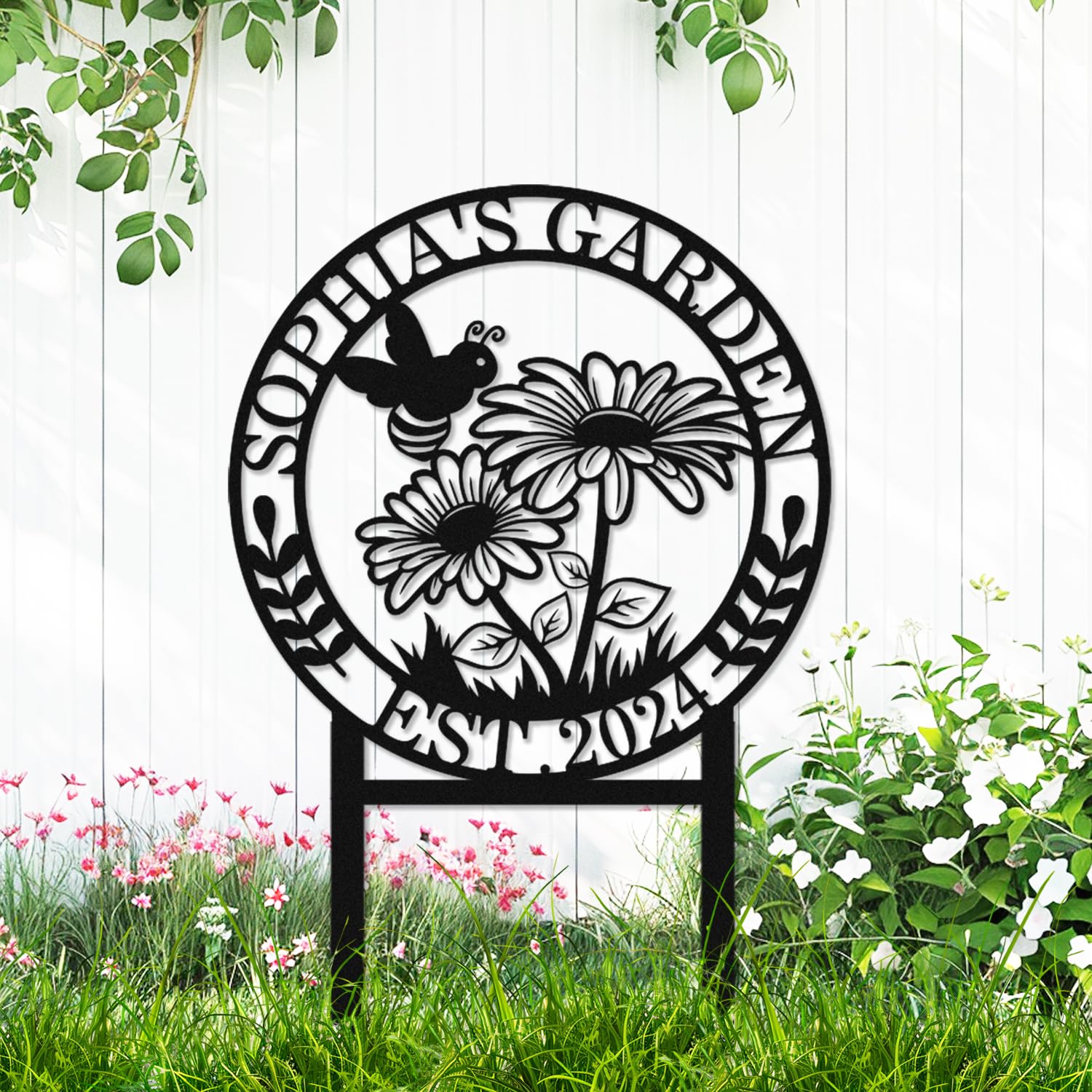 Personalized Bee Garden Sign with Stakes Custom Bee Garden Stake Yard Sign Metal Art, Customized Sunflower Honeybee Backyard Decor Outdoor Welcome Garden Name Sign