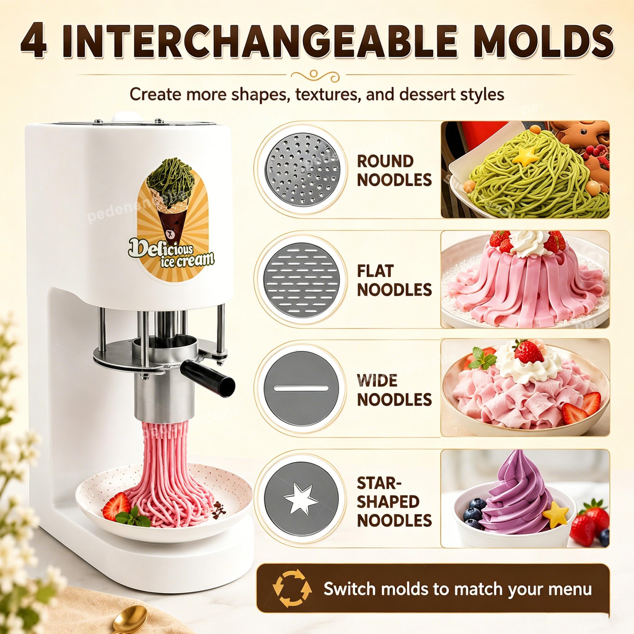 Máquina Comercial para Helados, para Helado Tipo Fideos, 4 Moldes De Formas, Máquina para Hacer Helado Tipo Espagueti, Máquina Eléctrica para Hacer Helados White
