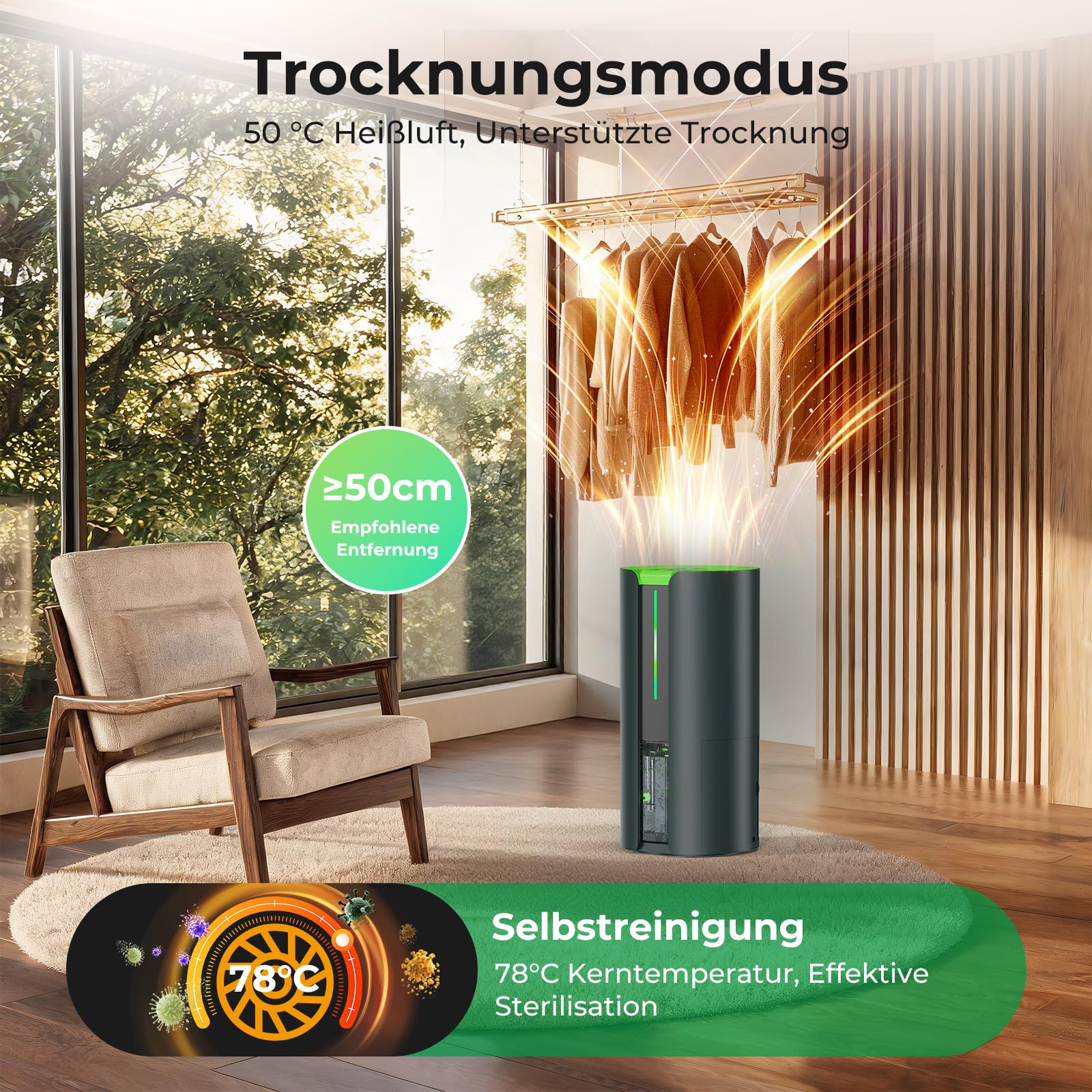 Evaporative Luftentfeuchter 16L/24H mit Waschetrockner & Luftreiniger, Funktioniert auch bei -15°C, mit Ablaufschlauch, 100m² Abdeckung für Keller, Bad, Schlafzimmer, Küche