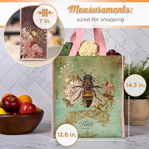 Miniatura 2 de Christian Art Gifts Floral Bumble Bee - Bolsa de compras multicolor reutilizable para mujeres Faith - Romans 51, fácil de sostener, lindo, duradero,