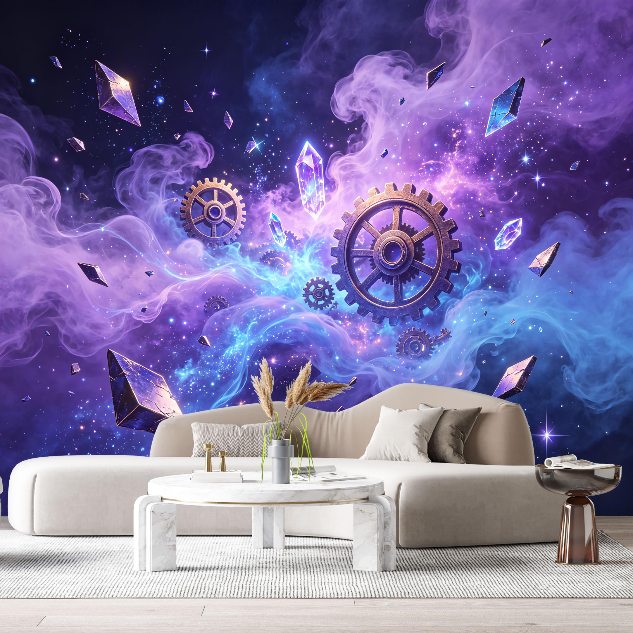 Custom Size Wall Murals Abstract Cosmic Galaxy Gears Floating Crystals 3D SelfAdhesiveWall Fabric Removable Wallpaper Wall Decor for Living Room Bedroom Bathroom