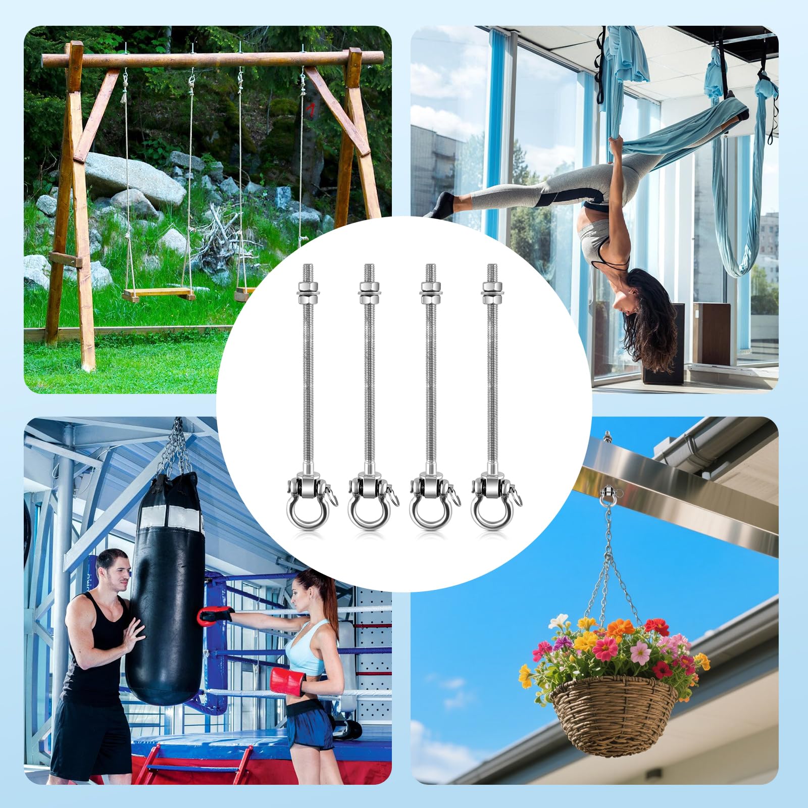 Gancio per Altalena con Cuscinetti 4 Pezzi，in Acciaio Inox 304, per Travi in Legno, soffitto in Cemento, Altalena, Yoga, Sacco da Boxe, amache, capacità 680kg