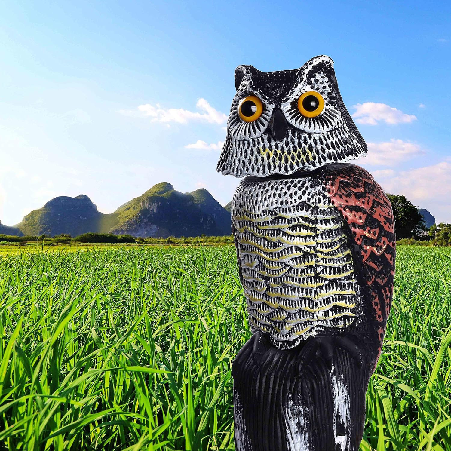 1x Gufo Statue Plastica Gufo Giardino Esterno Realistico di Azione del Vento con 360 Teste Rotanti Patio Decorazioni Spaventapasseri Uccello Repeller Scaccia Piccioni