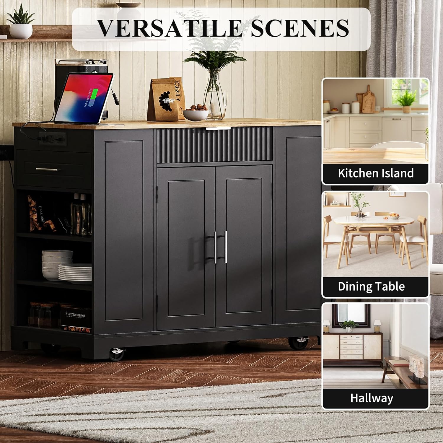 48.5" Fluted Kitchen Island with Power Outlet, Trash Storage Cabinet, Rolling Kitchen Island with Internal Storage Rack, Kitchen Cart with 3 Open Side Racks, Drawers for Kitchen (Black)