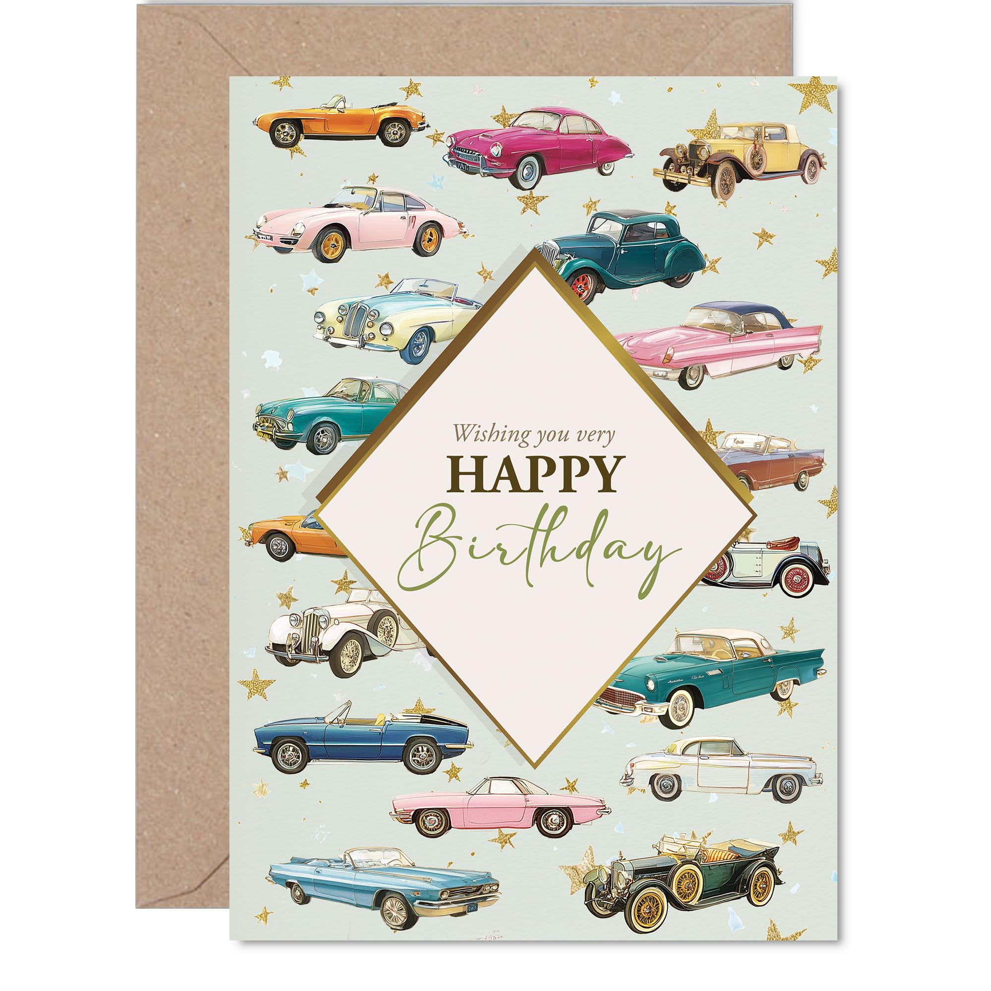 Family Birthday Card - Classic Cars - Happy Birthday Card for Family from Colleague Friends, A5 Vintage Motors Bday Greeting Cards