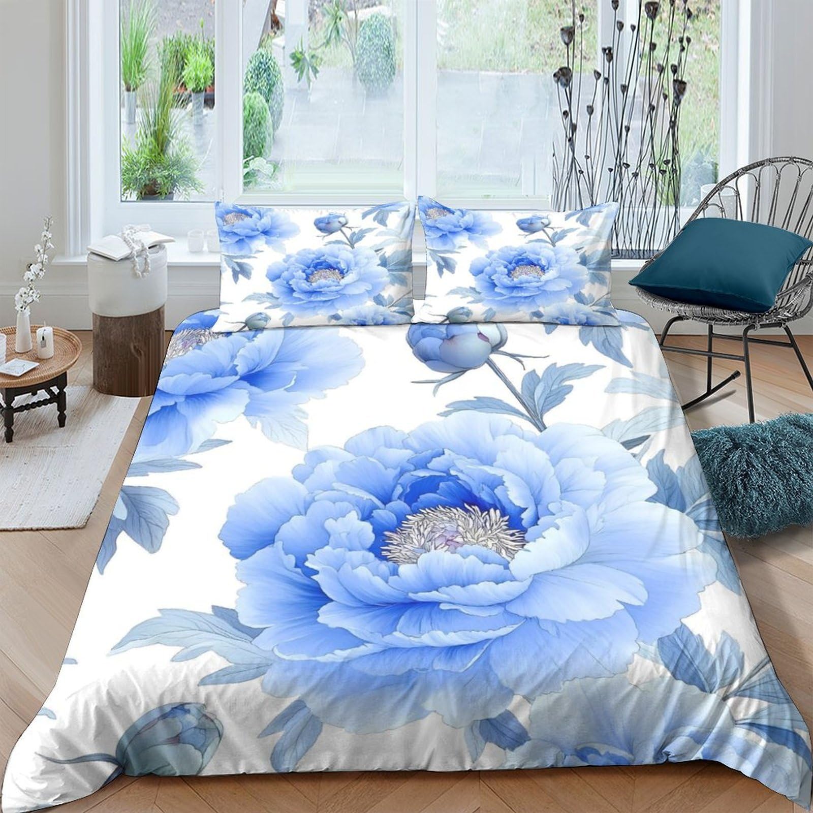 Ctjqhvkz Style-1 3D Printed Blue Peony Fitted Sheet Microfiber Soft Breathable Watercolor Floral Mattress Cover For Bedroom Guest Room Easy Care Single（135X200cm）