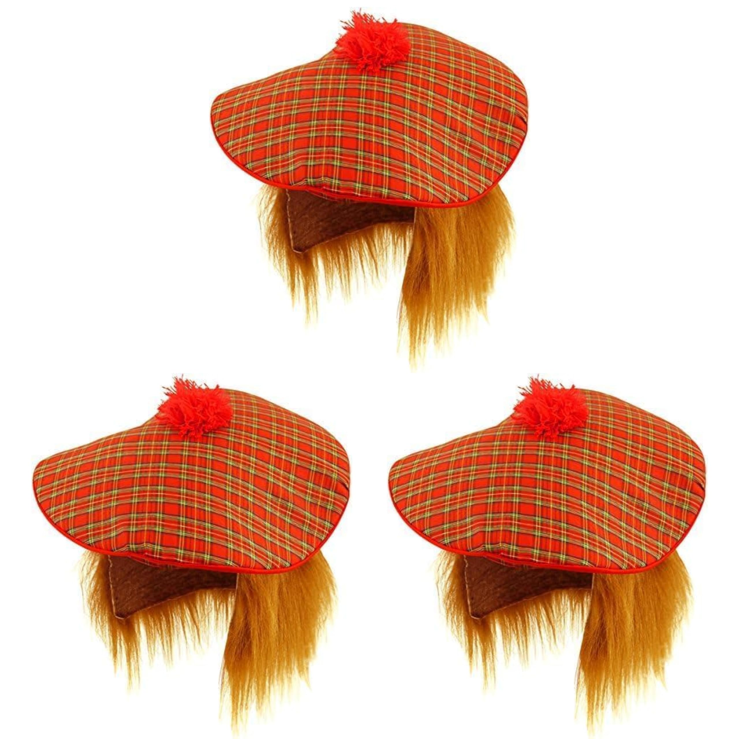 Lizzy3 x Scottish Tam O'Shanter Wig Hat | Red Tartan Hair Cape plus Scottish Flag Tattoos | Fancy Dress Accessory Scotland Sport Supporter Cap