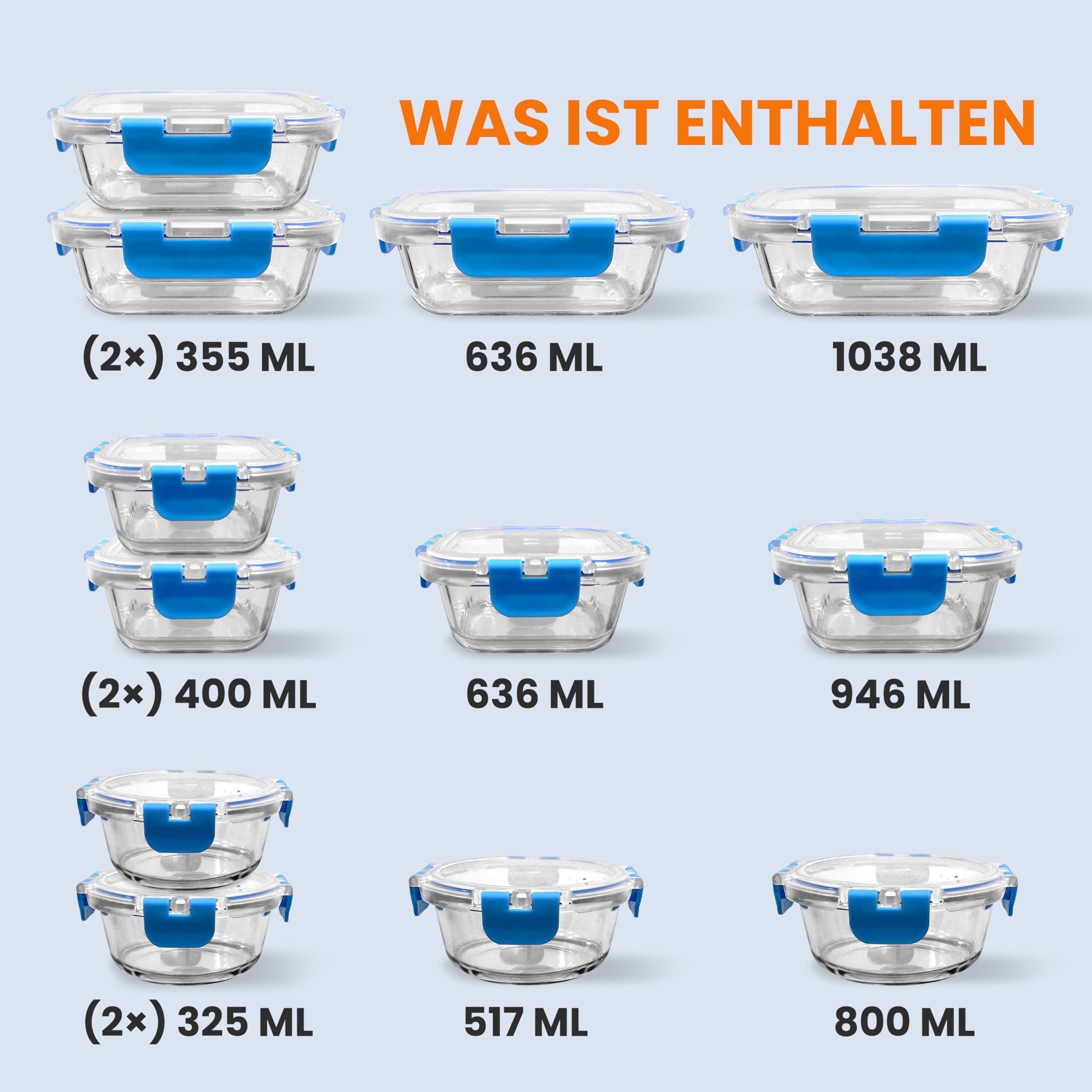 NutriChef Vorratsdosen Glas Set Blau – 12 Glasbehälter mit Deckel Luftdicht Meal Prep Boxen Aufbewahrungsbox Borosilikatglas Stapelbar