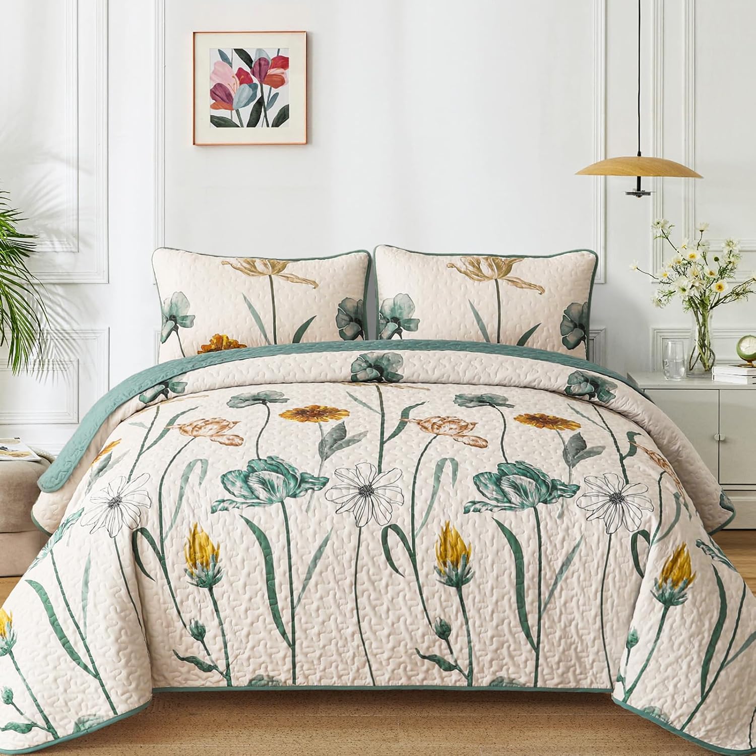 WONGS BEDDING Floral Quilt Set Queen,Green Yellow Floral Botanical Bedspread Bedding Set with 2 Pillowcase,Lightweight Spring Farmhouse Coverlet Set for All Season (96"x90")