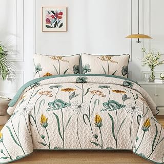 WONGS BEDDING Floral Quilt Set Queen Green Yellow Botanical - Lightweight All-Season Farmhouse Bedspread with 2 Pillowcases (96x90")
