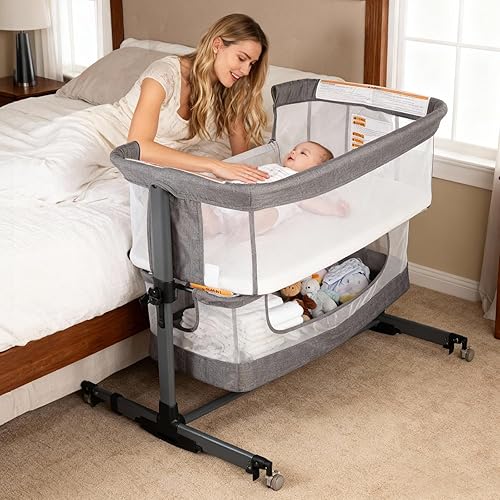 Moisés para bebé, cuna 3 en 1, cuna mecedora de 5 alturas ajustables, malla completa transpirable, mosquitera, cesta de almacenamiento, moisés Gris