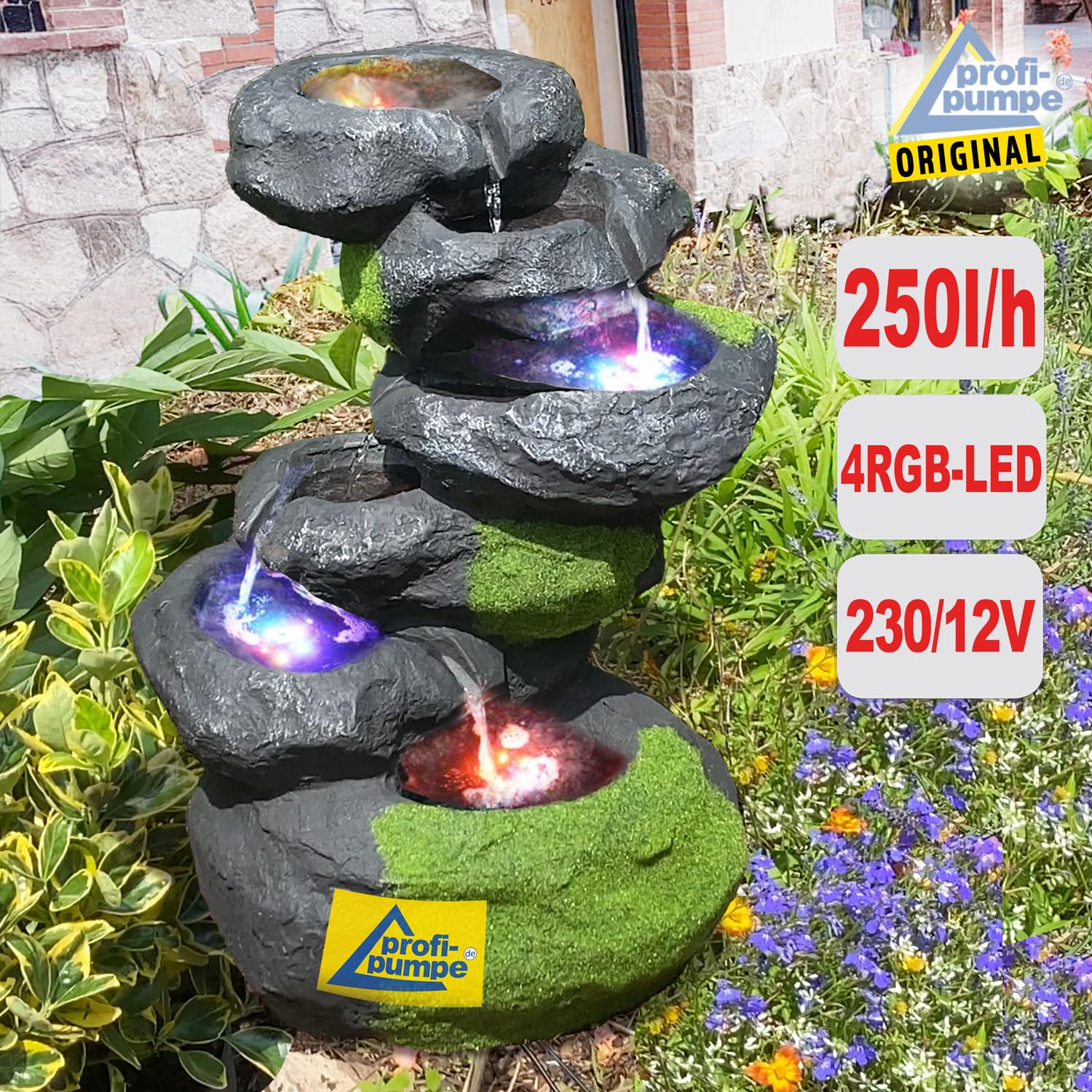 AMUR Fontanna ogrodowa, ozdobna, poidło dla ptaków, wodospad, lampa ogrodowa, pompa do oczka wodnego, dekoracja ogrodu, elegancka kaskada kamienna, z pompą i 4 diodami RGB LED 230 V