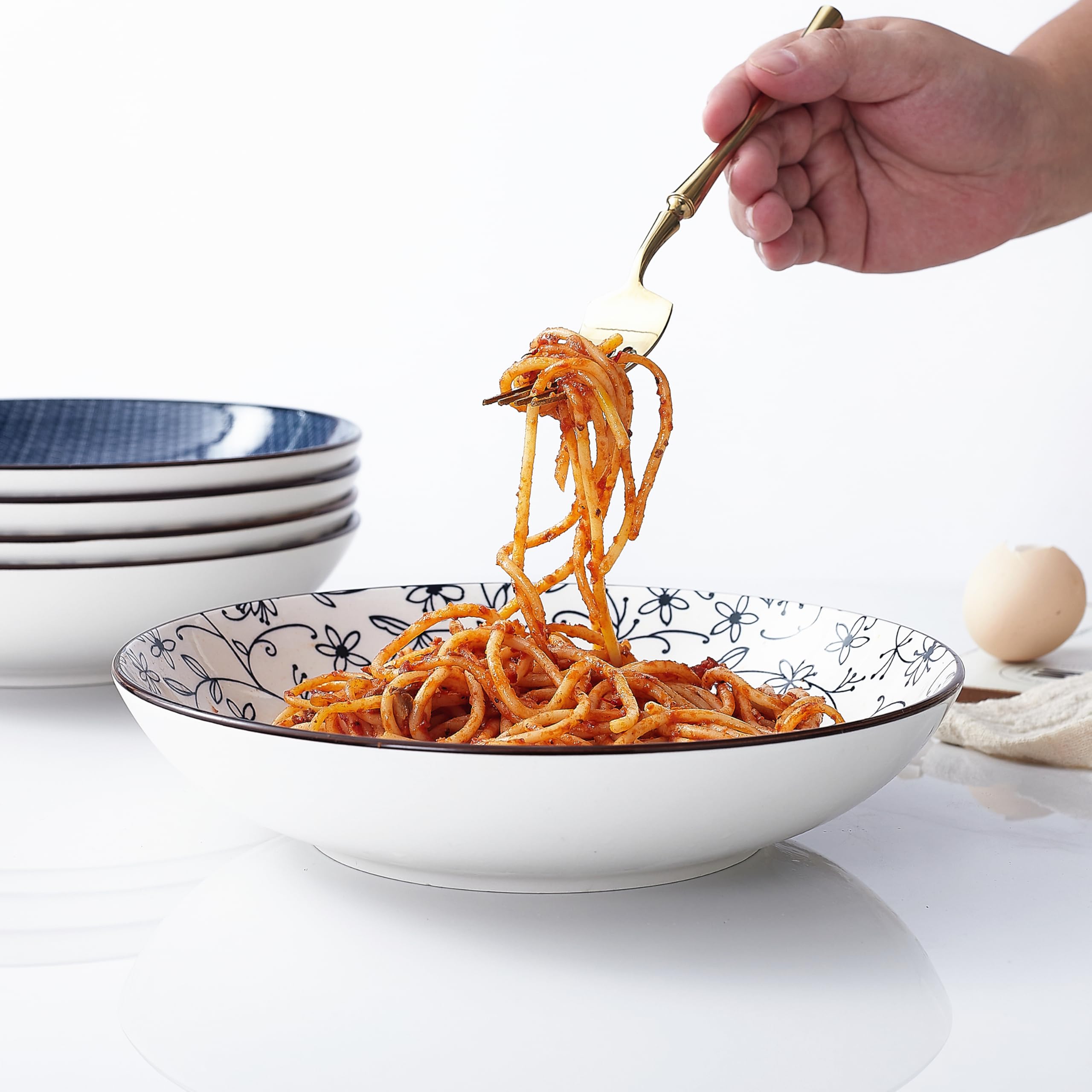 Ciotole per Pasta in Ceramica da 1180ML, 23 cm Grandi Insalatiera Ciotola per Pasta Insalata, Adatte al Microonde e al Forno, Set di 6(Blu e Bianco)