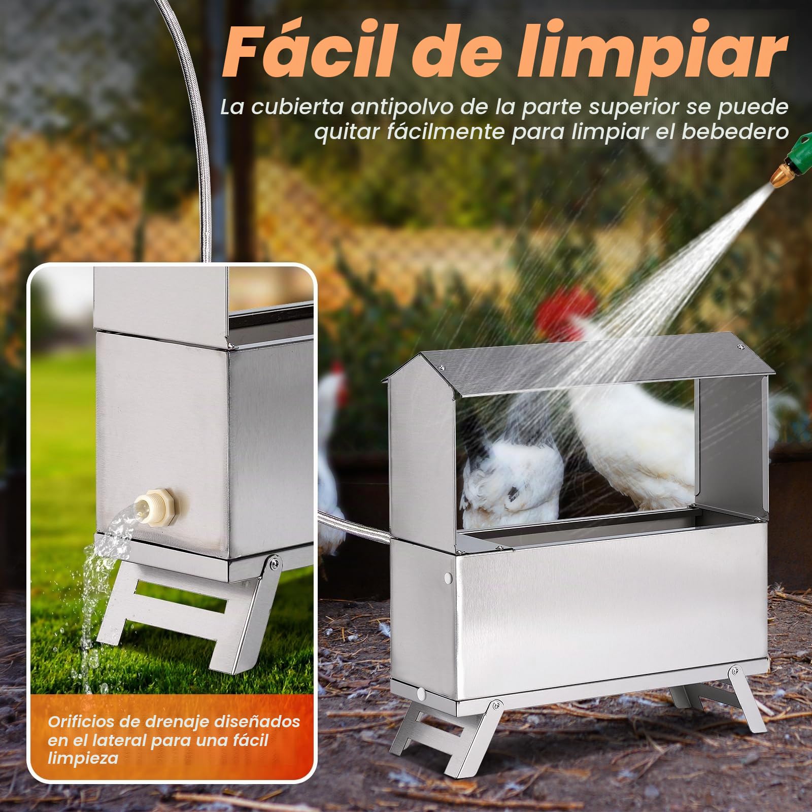 Bebedero automático de 6 l para gallinas de acero inoxidable, dispensador con válvula de flotador y soporte de pedalier, bebedero para gallinas, patos, gansos y pavos