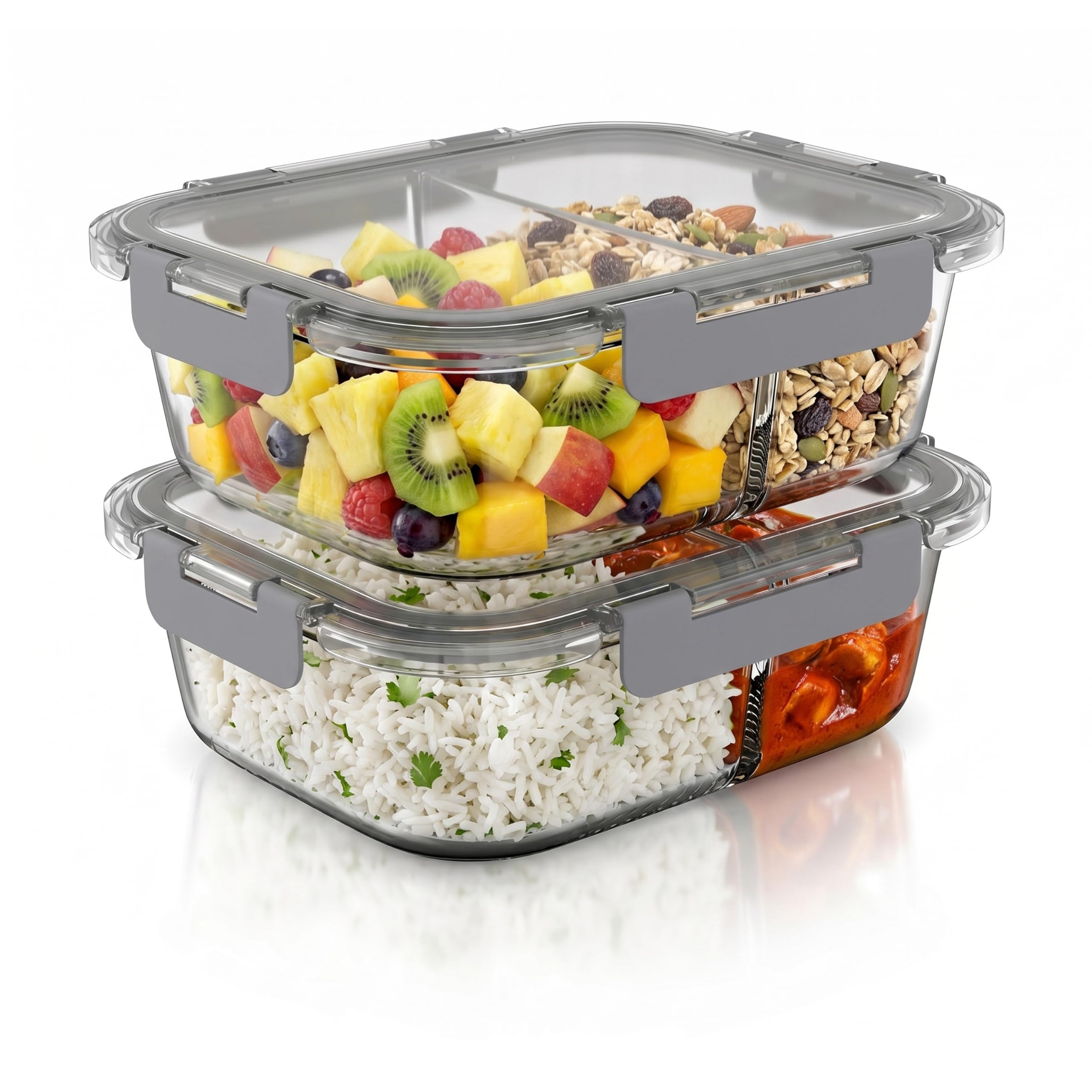 Arendo - Glas Frischhaltedosen Vorratsdosen für Lebensmittel mit Deckel luftdicht - 2 Fächer - 2er Set - 1000 ml - für Mikrowelle Gefrierschrank - Spülmaschinen geeignet - Lunchboxen Meal Prep Boxen