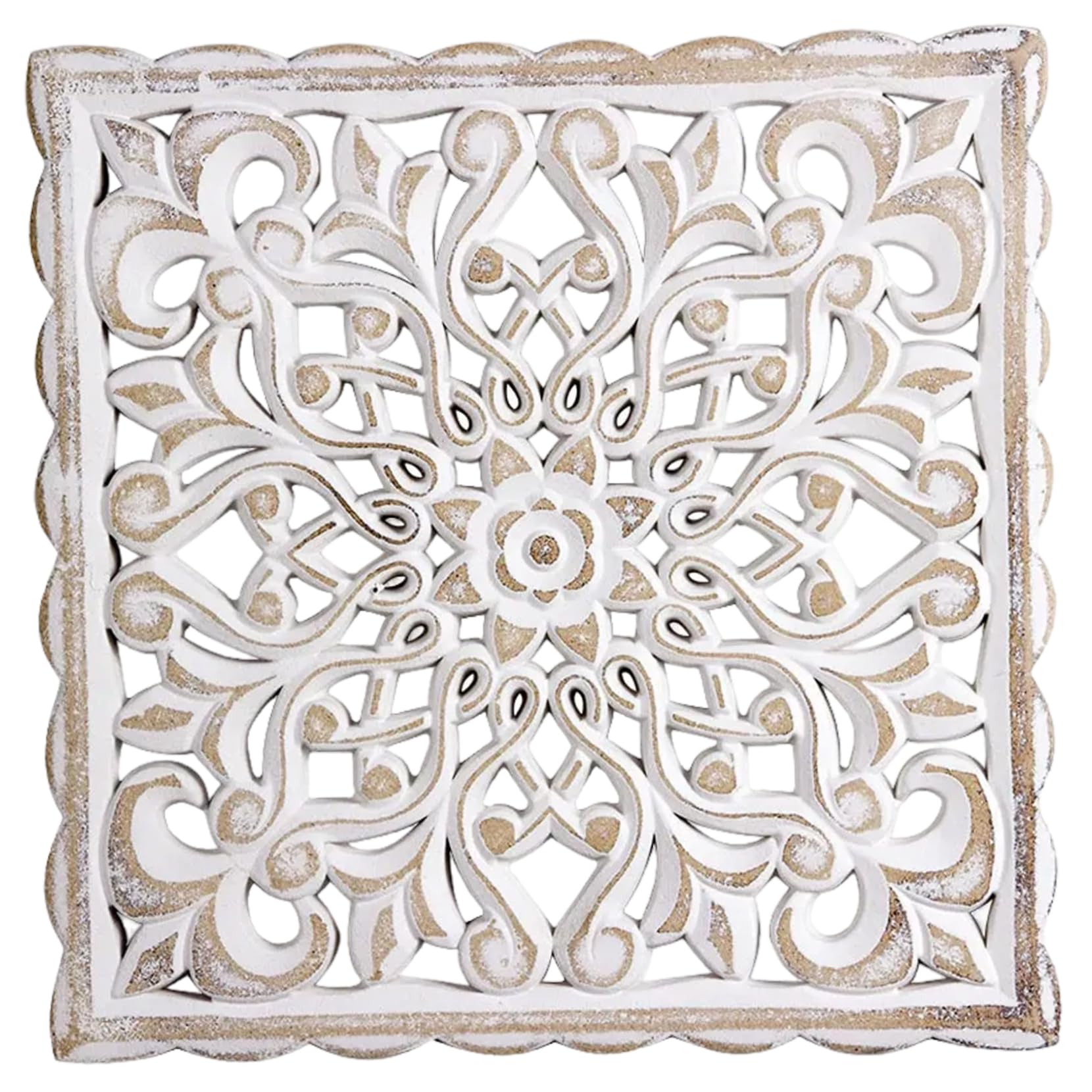 Ngbbby Wood Wall Decor Floral Hollow Carved Wood Wall Art Vintage White Decorative Mandala Art 12x12x0.5