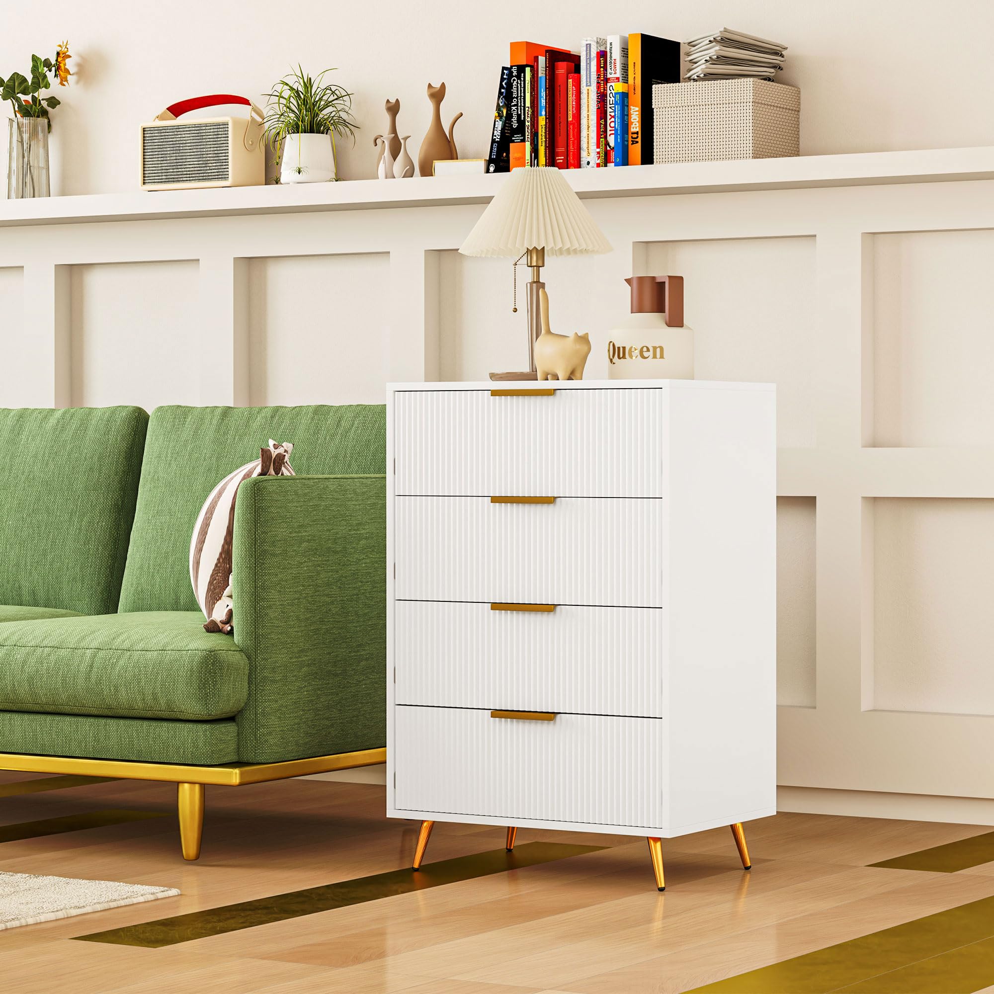 HOMCOM Cómoda con 4 Cajones Frentes con Diseño Ondulado 60x40x90 cm Blanco | Cómoda de Dormitorio Moderno, Anti-vuelco, Cajonera para Salón Pasillo