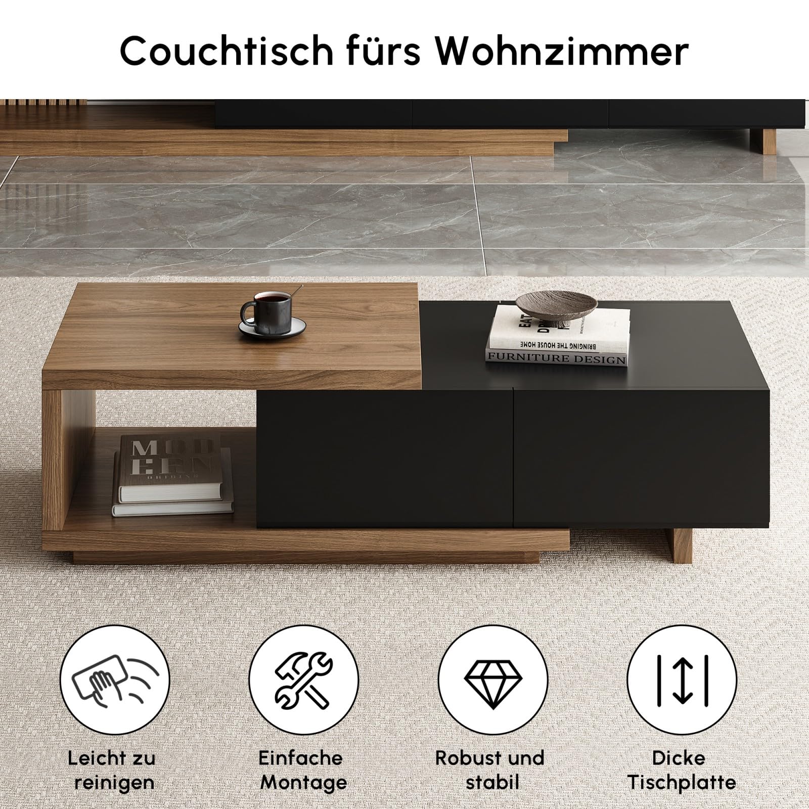 Homary Ausziehbarer Couchtisch aus Walnussholz 120 cm-175 cm mit 2 Schubladen, strapazierfähige Tischplatte, Elegantes Wohnzimmermöbel für kleine Räume (Schwarz und Walnuss)