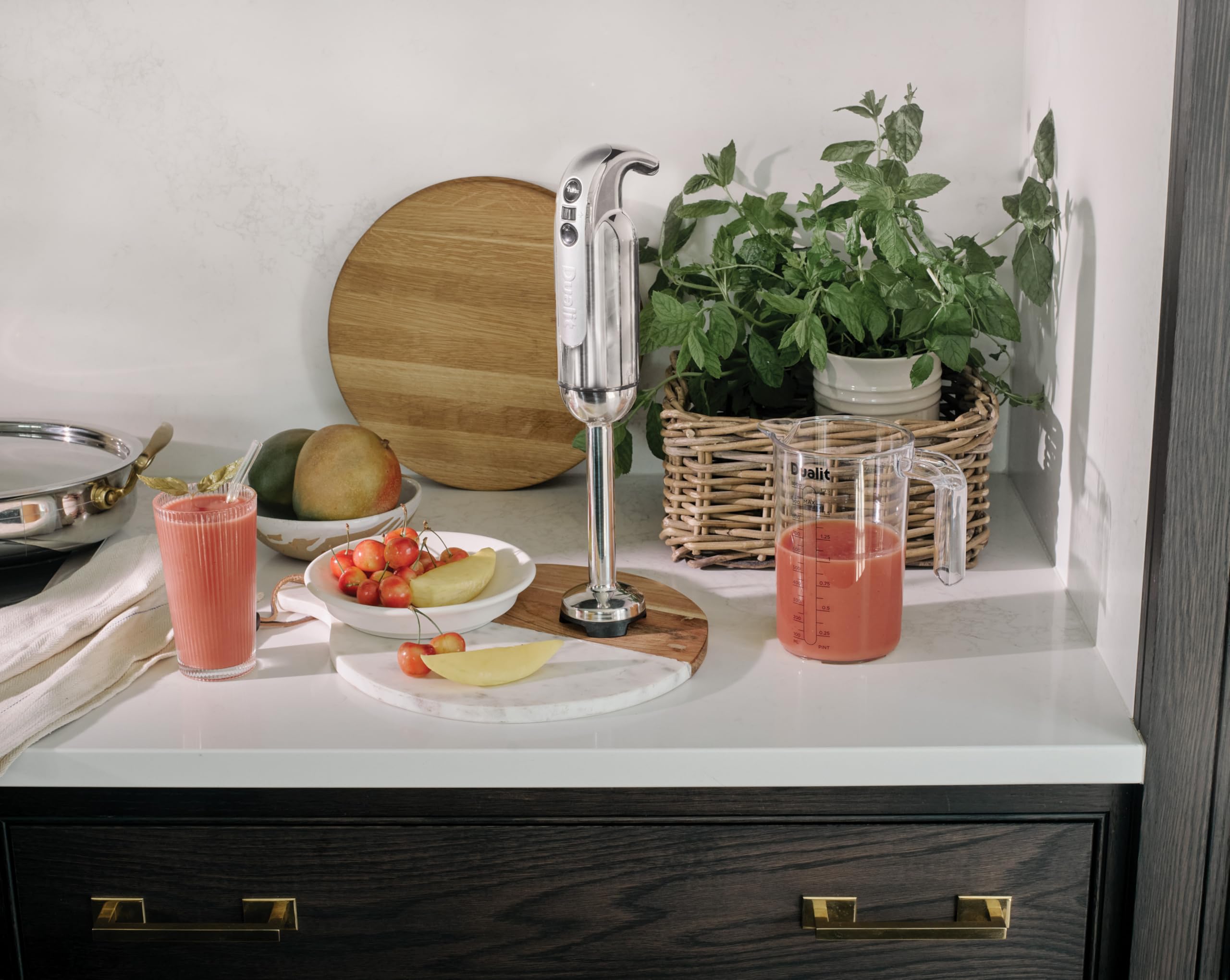 Dualit CLASSIC Stabmixer Set 700 W, Pürierstab mit Turbo, Edelstahl poliert | Anti-Saug-Mixstab, Tritan-Behälter, Zerkleinerungsschüssel, Schneebesenaufsatz, ergonomisch, spülmaschinenfest