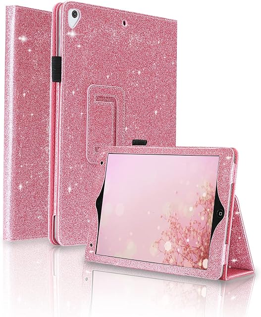 FSCOVER Case for iPad 9.7 inch 6th/5th Generation 2018/2017, Glitter Sparkly PU Leather iPad Air 1 Air 2 Cover, Folio Stand Smart Case for iPad 9.7", Girls, Pink