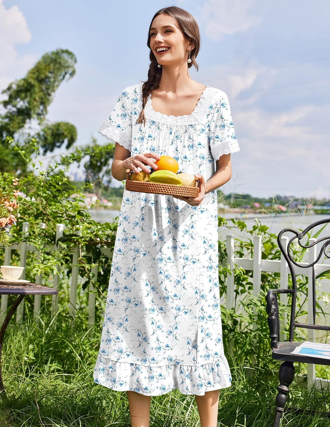 Ekouaer Cotton Nightgowns for Women Vintage Victorian Nightgown Short Sleeve Lace Night Gown Long Nightdress Soft Nightshirt - Image 4