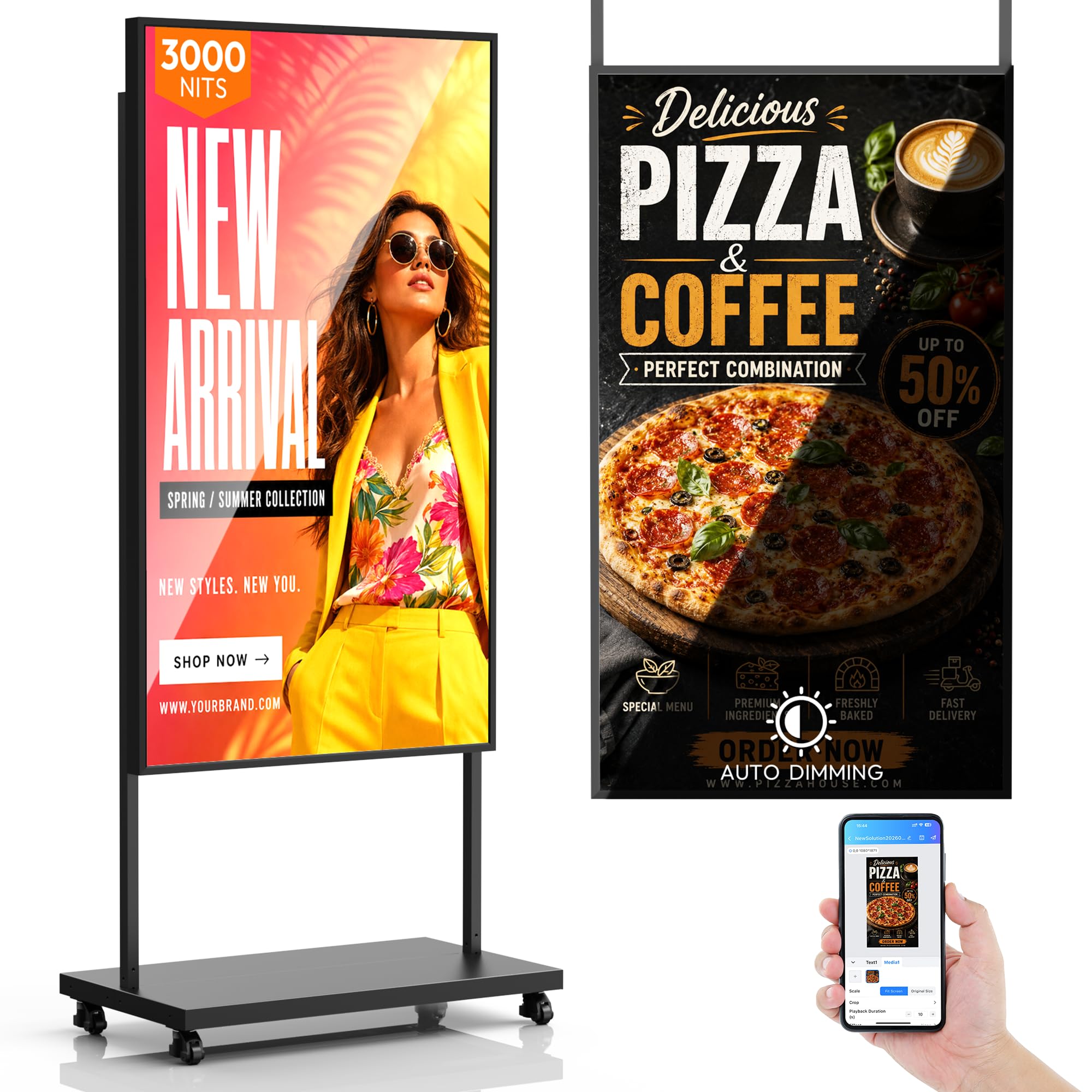 65" Écran publicitaire 3000 Nits, IPS Ecran Publicitaire 4K Affichage sur Pied avec Auto-Luminosité, cms/USB/WiFi/HDMI, Totem Affichage Publicitaire pour Vitrine, Restaurants et Entreprise