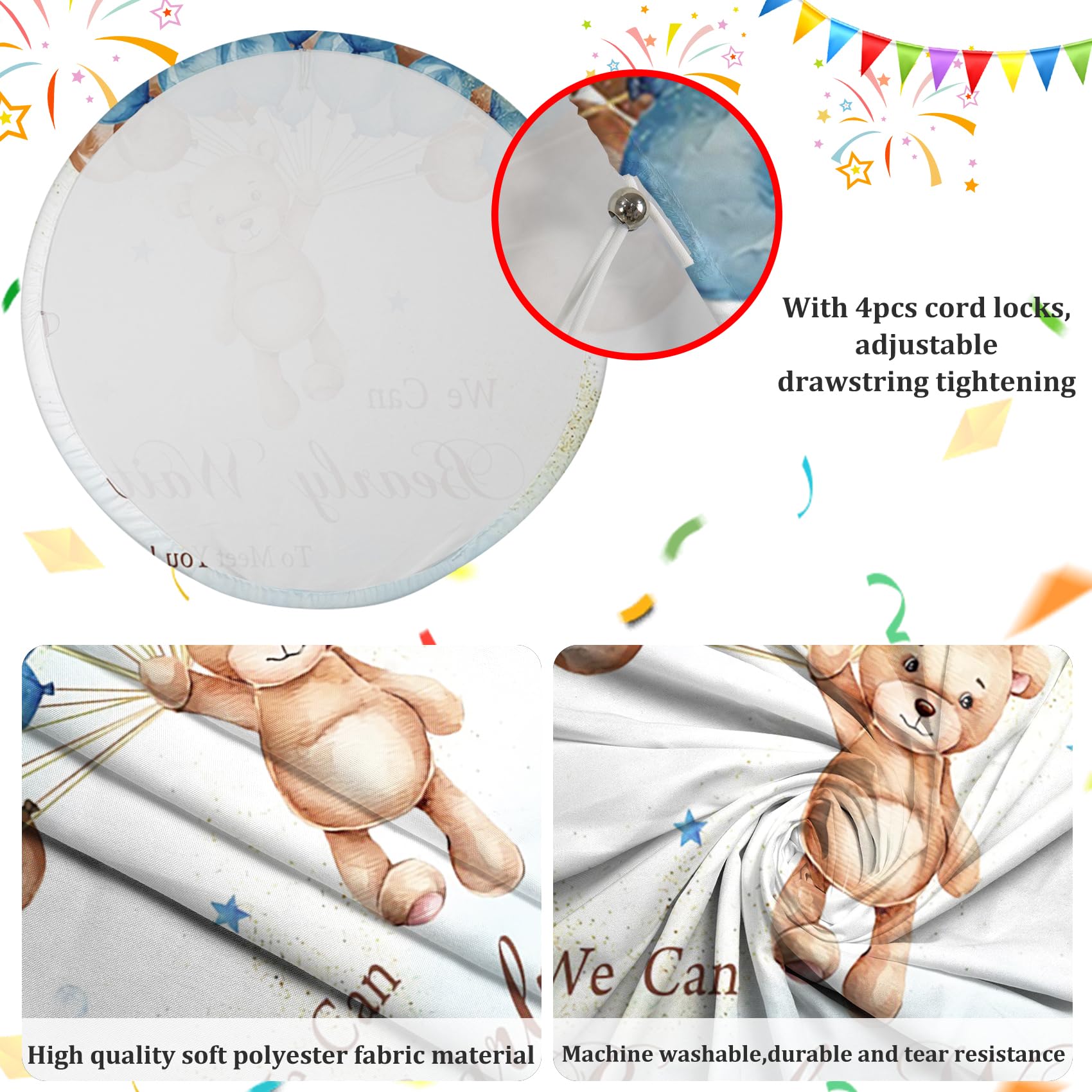 AOFOTO 2,2 x 2,2 m Bär Junge Babyparty Runde Hintergrundabdeckung We Can Bearly Wait to Meet You Flying Teddy Blau Braun Luftballons Gold Glitzer Fotografie Hintergrund für Kinder Neugeborene Party