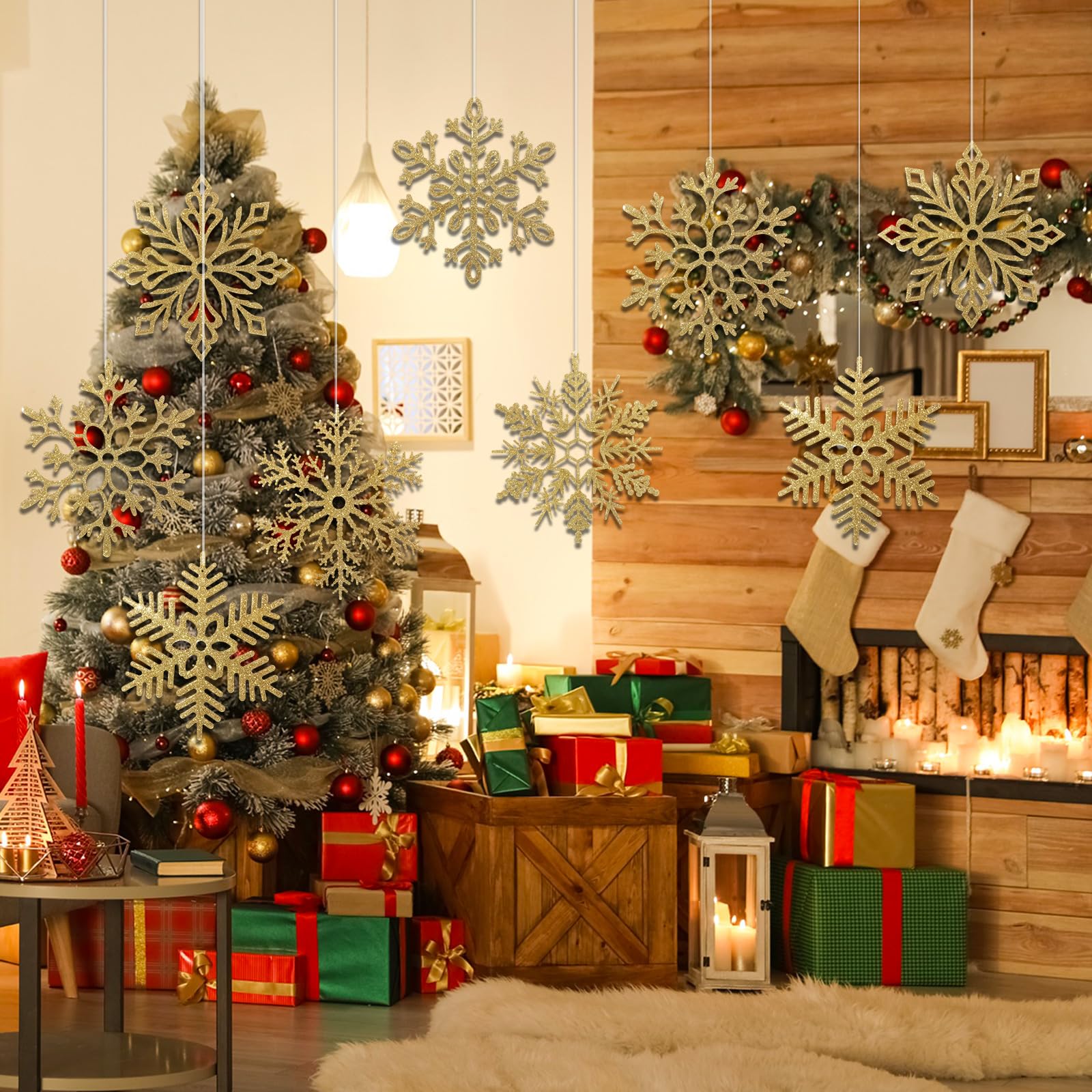 Sratte Lot de 24 flocons de neige géants à paillettes de 40,6 cm - 6 motifs - Décoration de Noël à suspendre - Flocons de neige avec fil en nylon (doré)