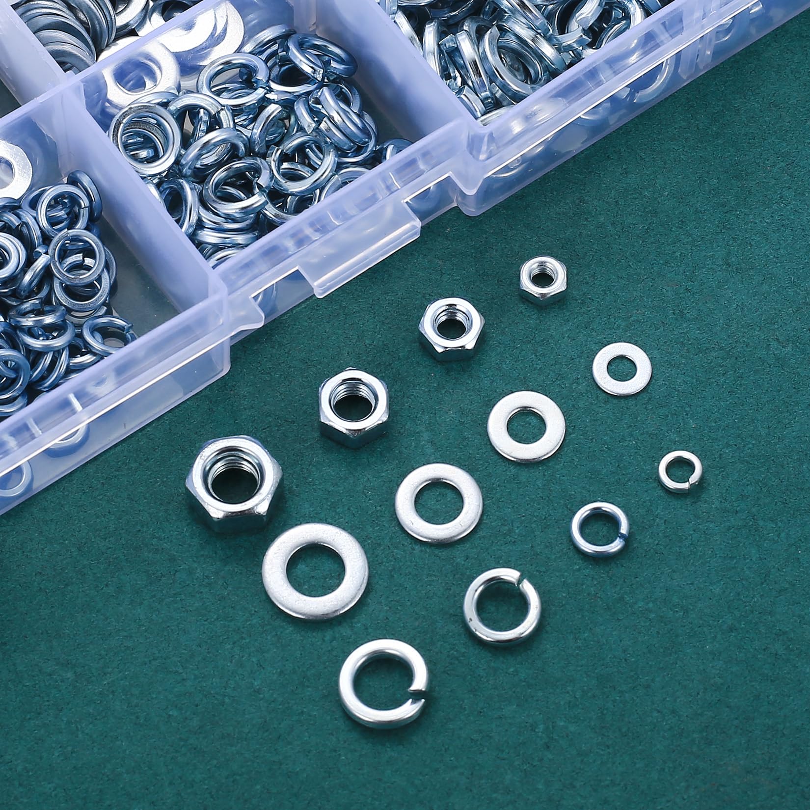 885 Pz Set di Dadi Esagonali e Rondelle Piatte e Rondella a Molla : 265 Dadi Esagonali, 310 Rondelle di Sicurezza, 310 Rondella a Spirale, Kit Dado Elementi per Viti Bulloni Filettate(M3 M4 M5 M6)
