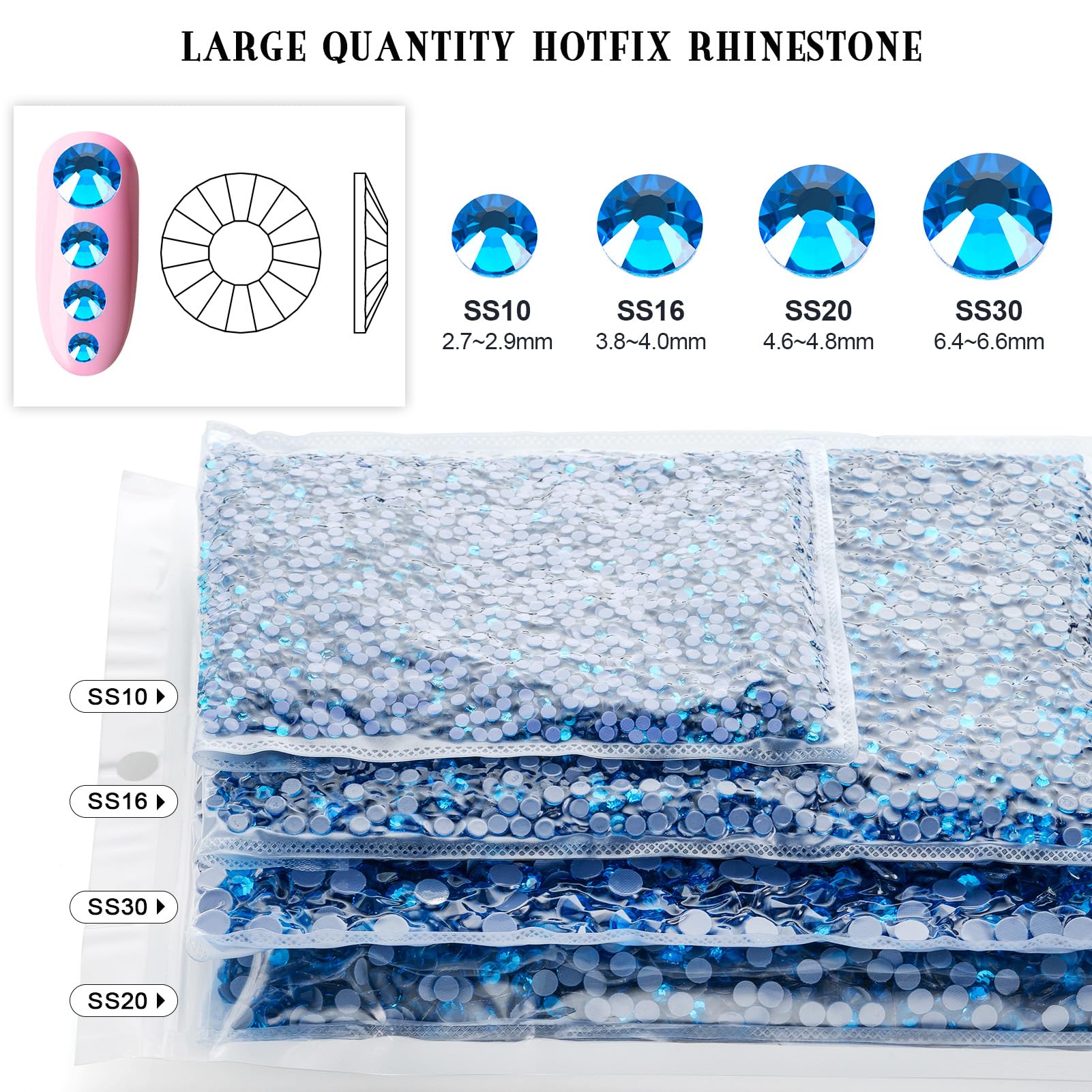2000 strass blu Capri Hotfix, in vetro, strass termoadesivi per artigianato, vestiti, decorazioni fai da te, SS30, 6,4-6,6 mm